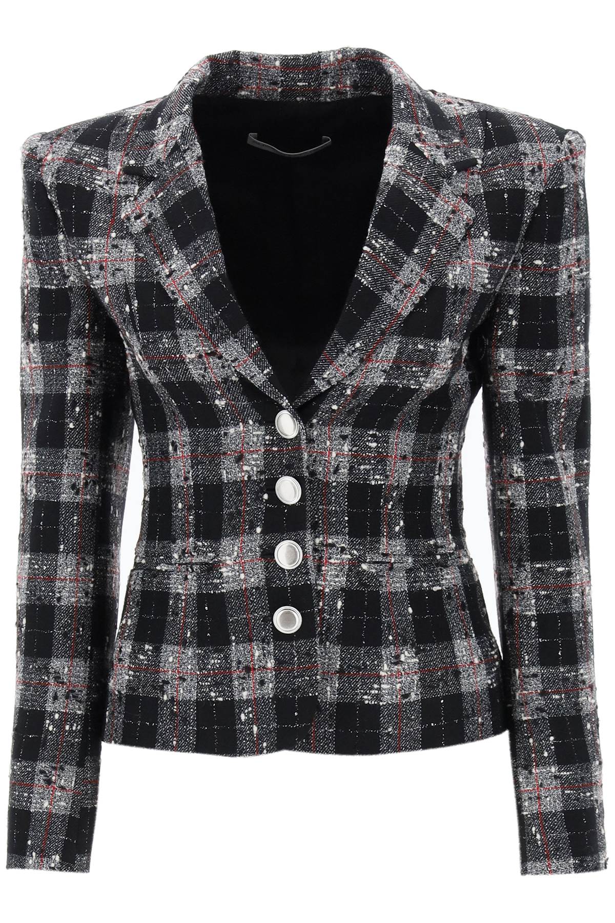 Shop Alessandra Rich Single-breasted Jacket In Boucle Fabric With Check Motif In Black (black)
