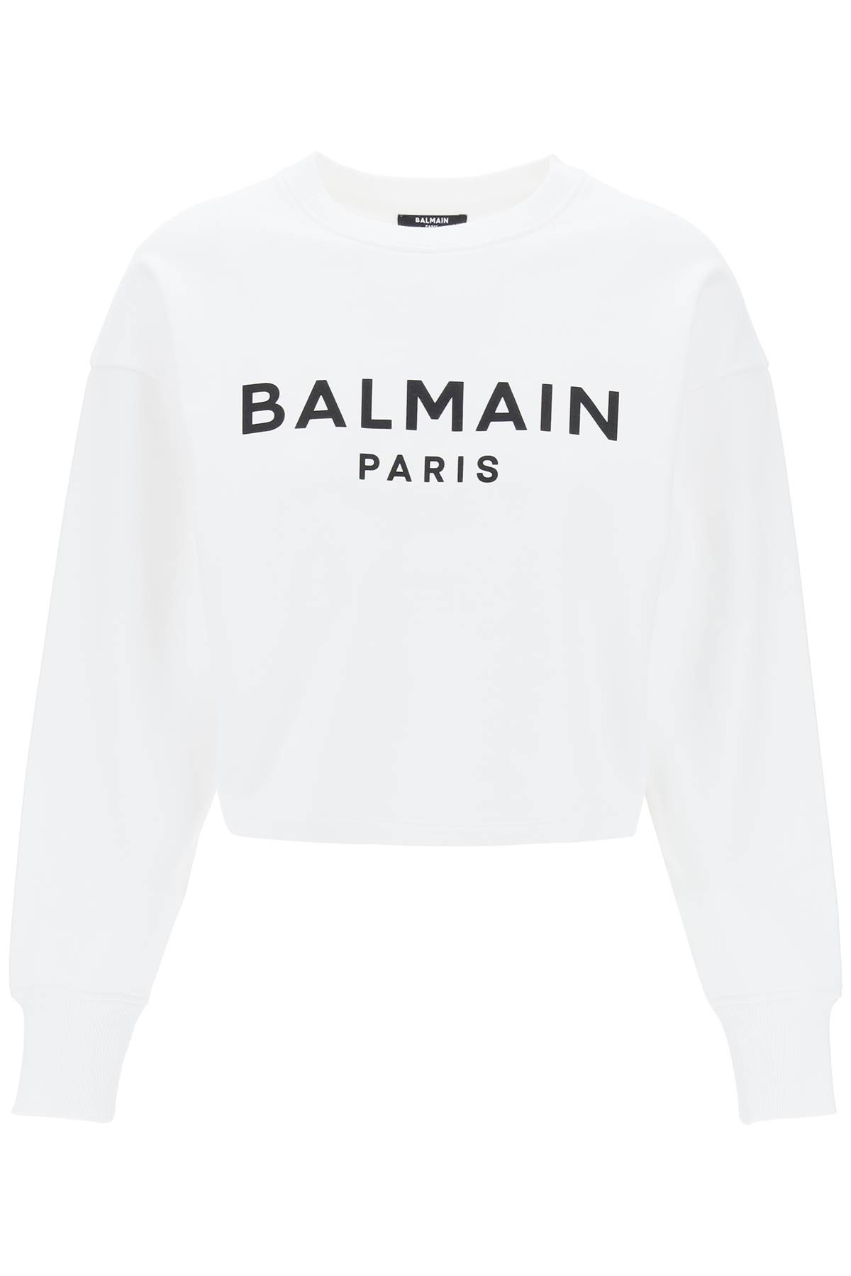 Shop Balmain Cropped Sweatshirt With Flocked Logo In White