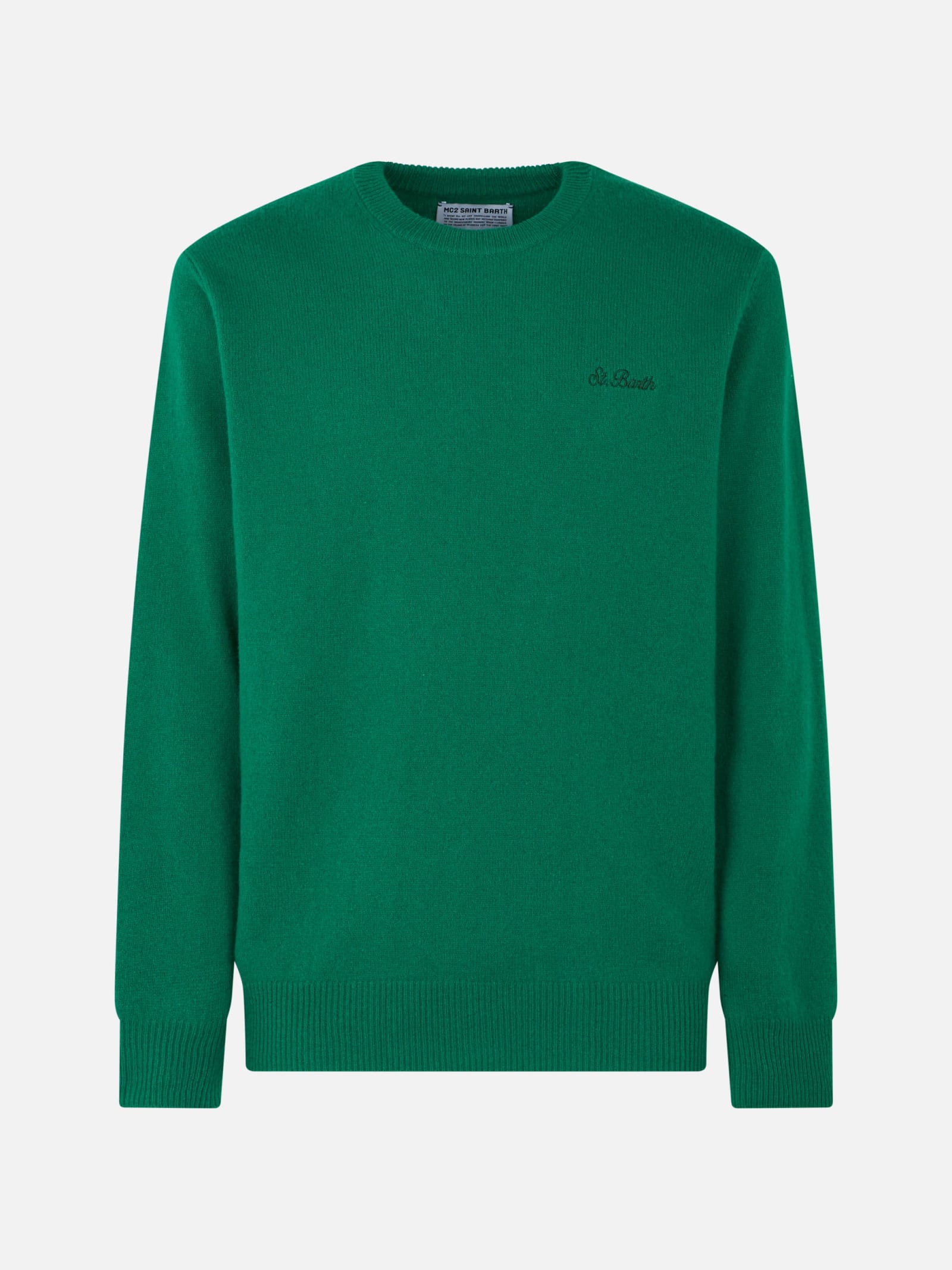 Mc2 Saint Barth Man Crewneck Green Sweater With St. Barth Embroidery In Green