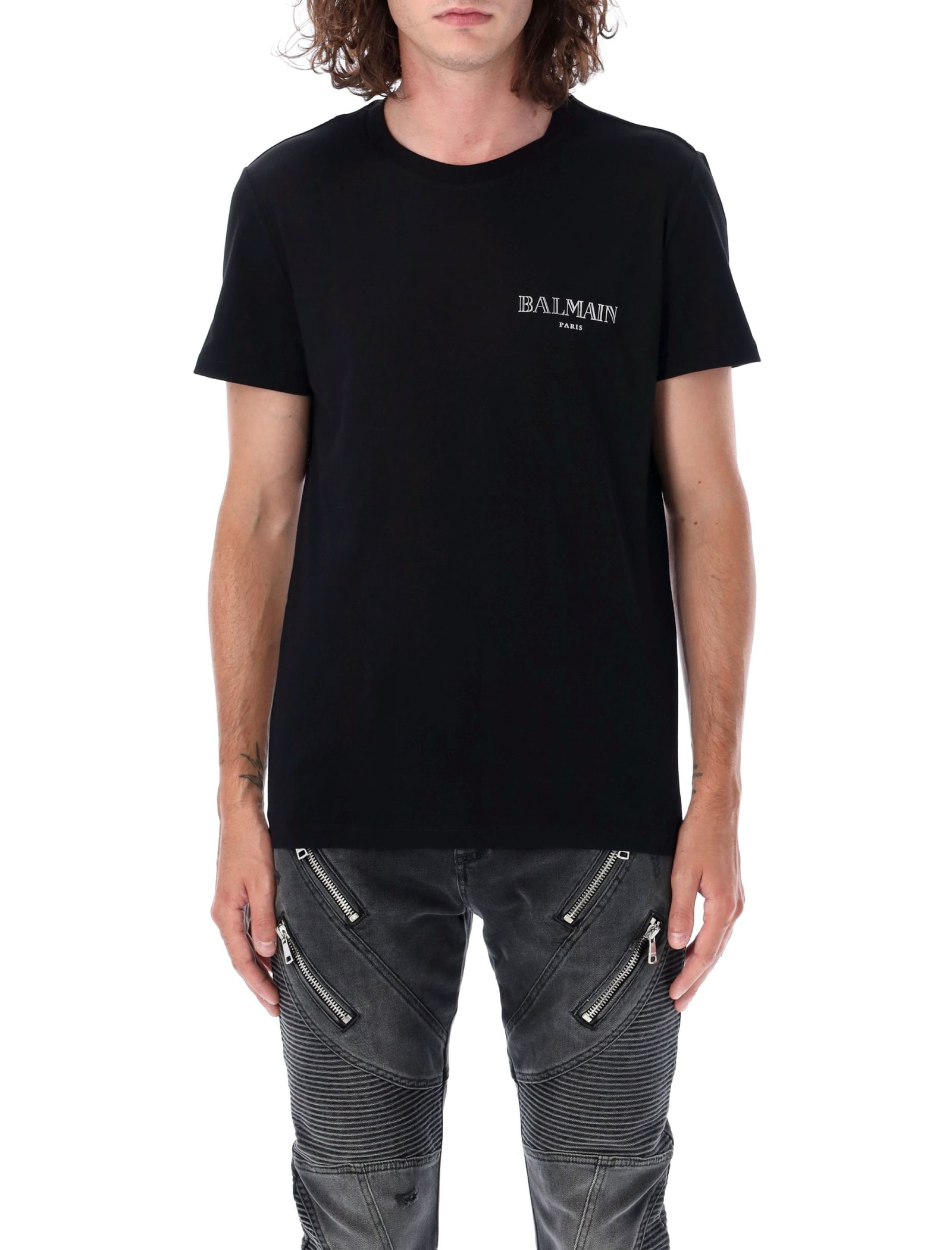 Shop Balmain Silver Small Logo T-shirt In Nero Silver