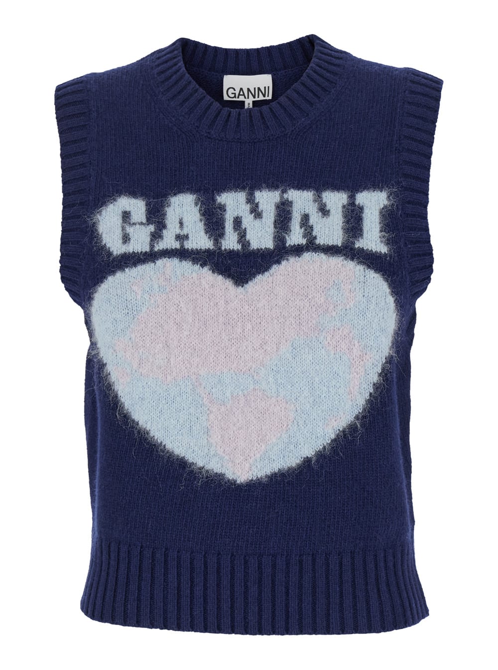 Shop Ganni Blue Vest With Logo And Heart Jacquard In Wool Woman