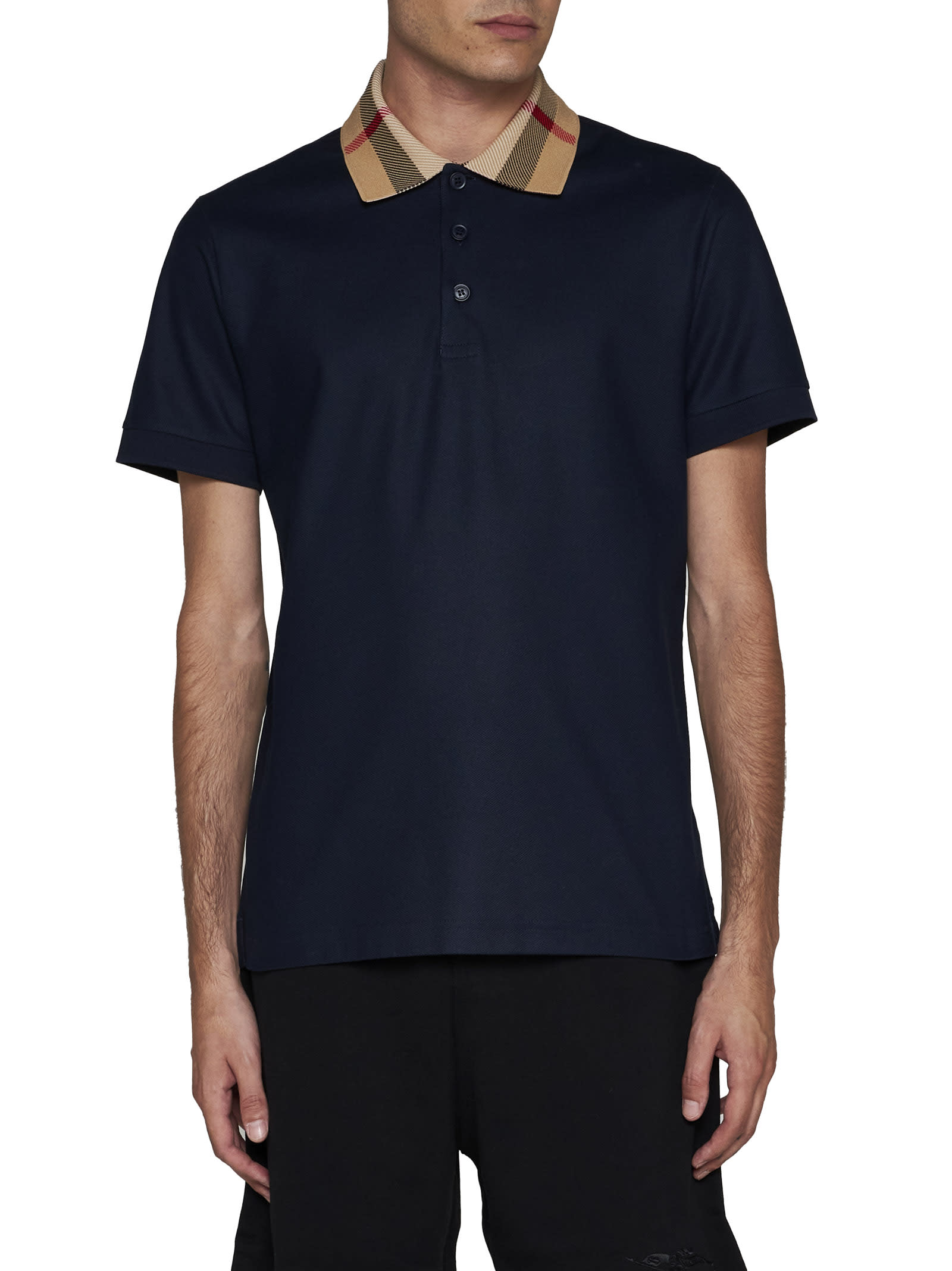 Burberry Men Check Collar Cotton Polo Shirt In Smoked Navy