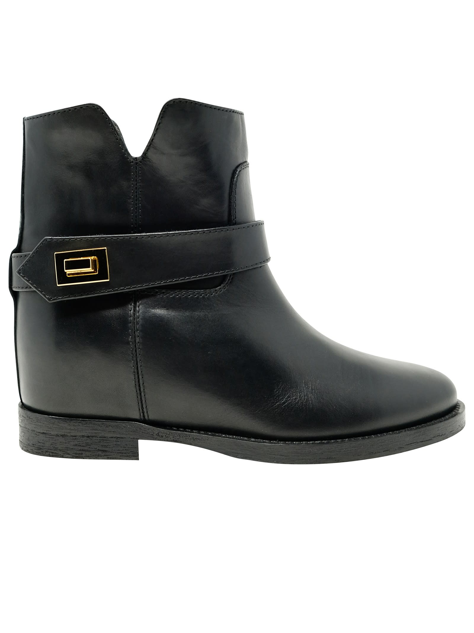 Via Roma 15 Black Leather Whit Gold Padlock Ankle Boots