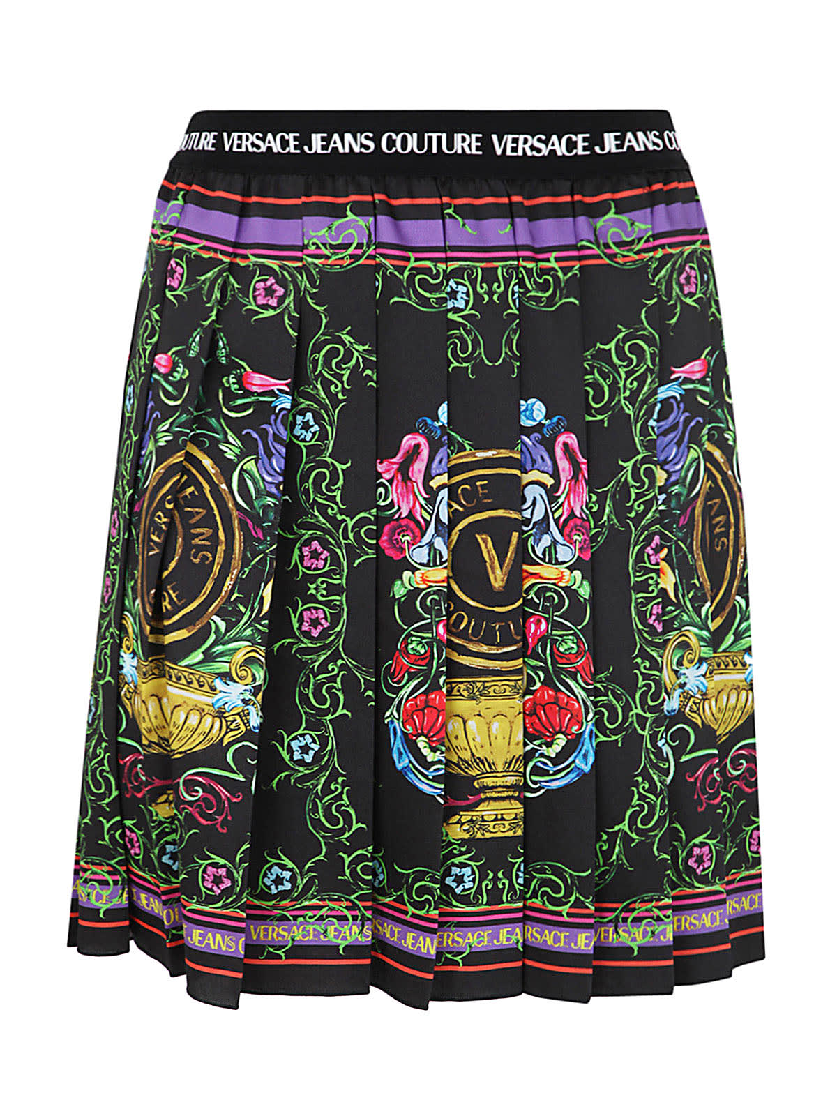 Versace Jeans Couture Graphic-print Pleated Mini Skirt In Black Gold