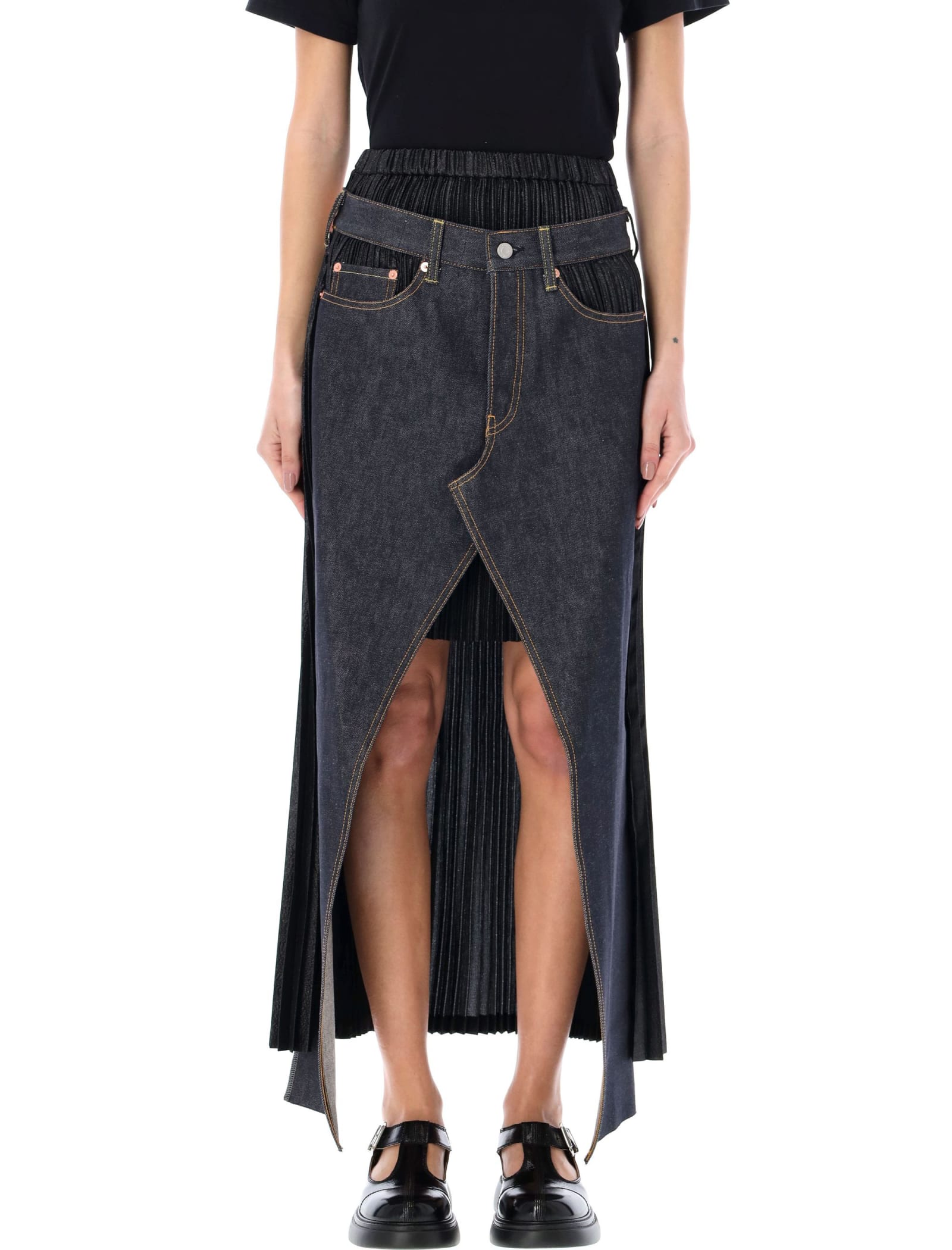 Deconstructed Pleated Denim Skirt