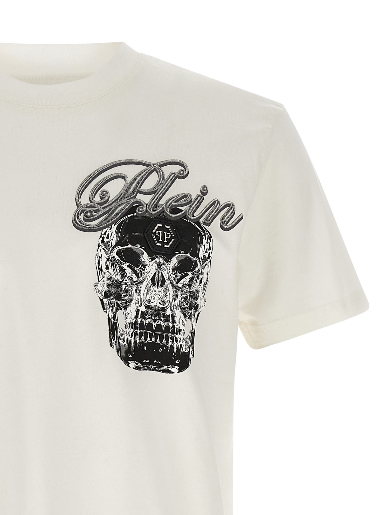 Philipp Plein Ribbed Crew Neck T-shirt With Logo Patch And Chest Print In White