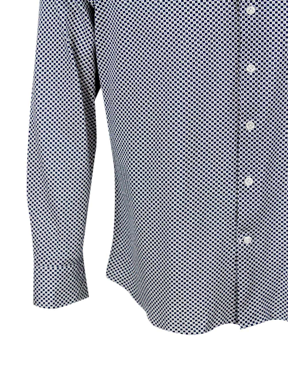 Shop Sonrisa Luxury Shirt In Soft, Precious And Very Fine Stretch Cotton Flower With French Collar In A Small Geo In Blu