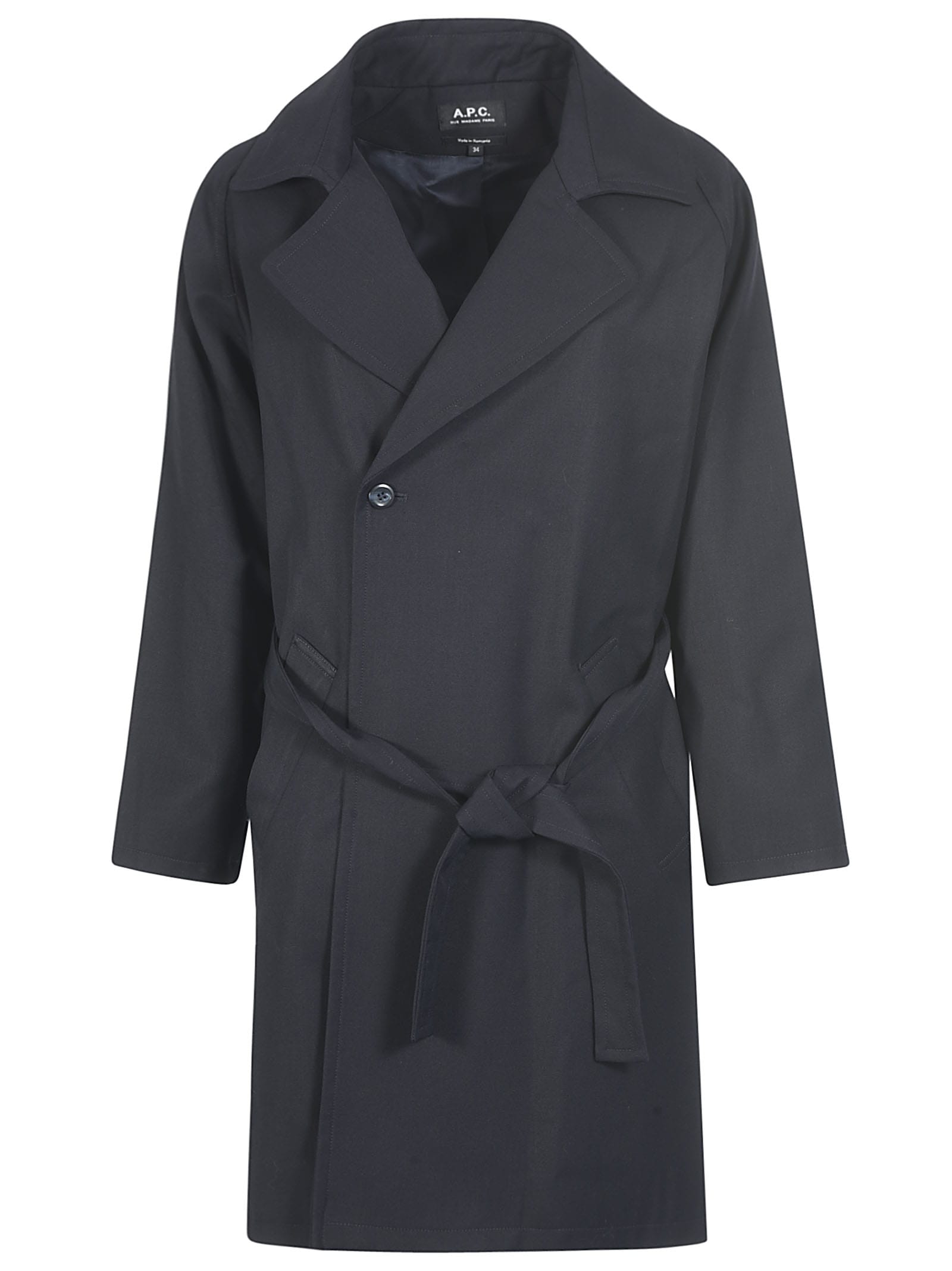 Apc Single Button Belted Coat In Navy