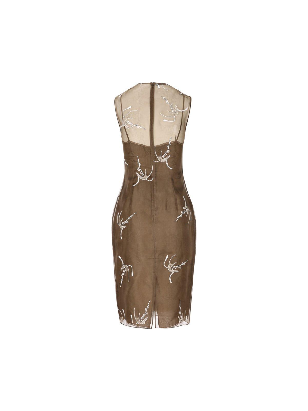 Shop Prada Allover Embroidered Sleeveless Midi Dress In Mimetico