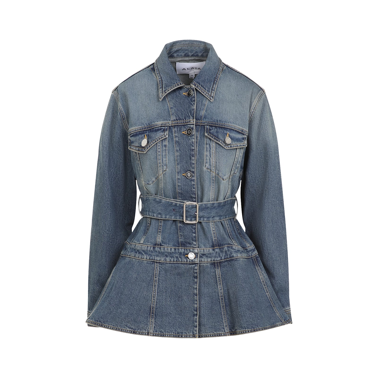 Alaïa Womens Bleu Vintage Peplum-hem Belted Denim Jacket In Bleu Vintage