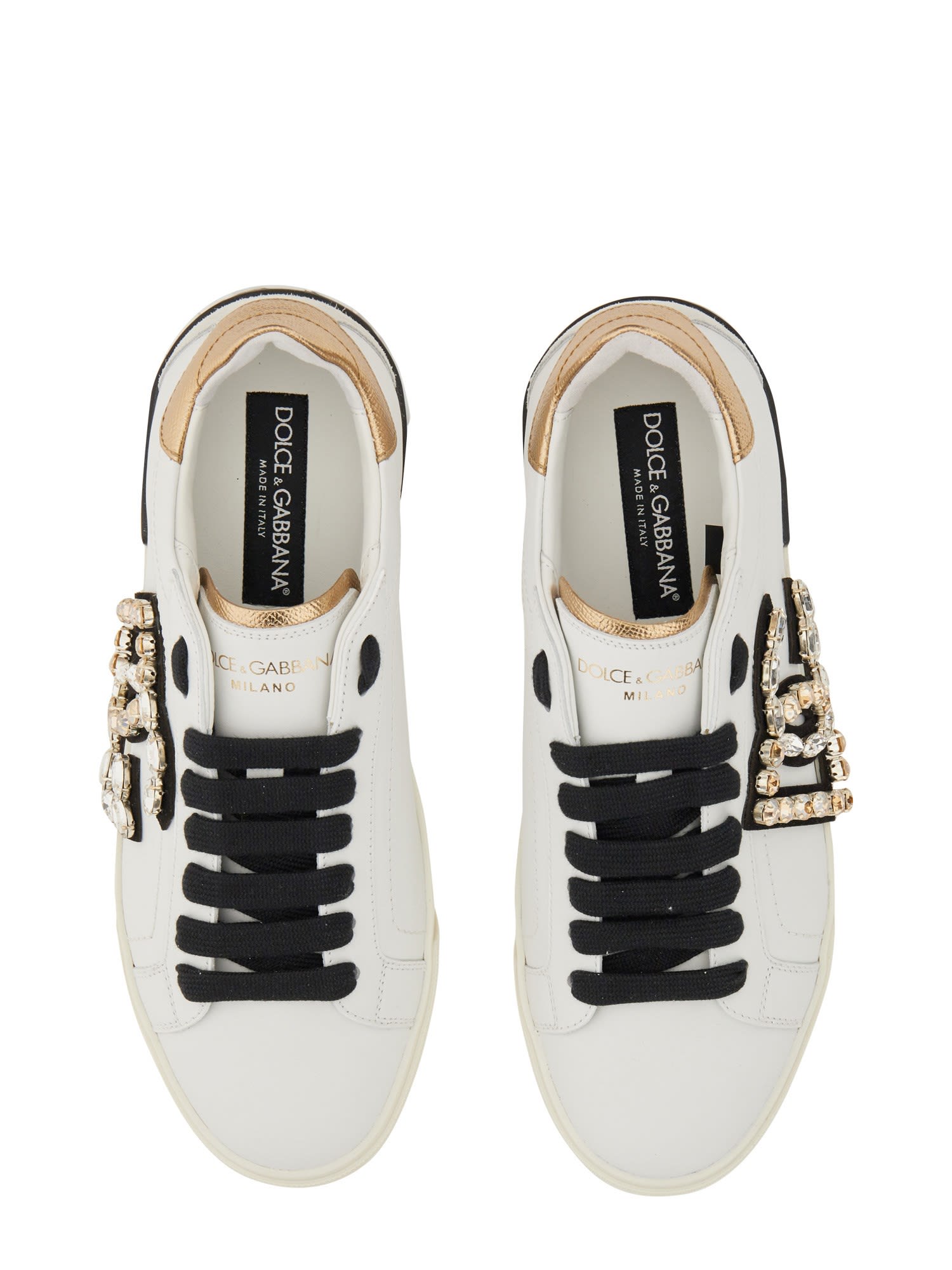 Dolce & Gabbana Portofino Vintage Leather Sneakers With Rhinestone Dg In White / Gold