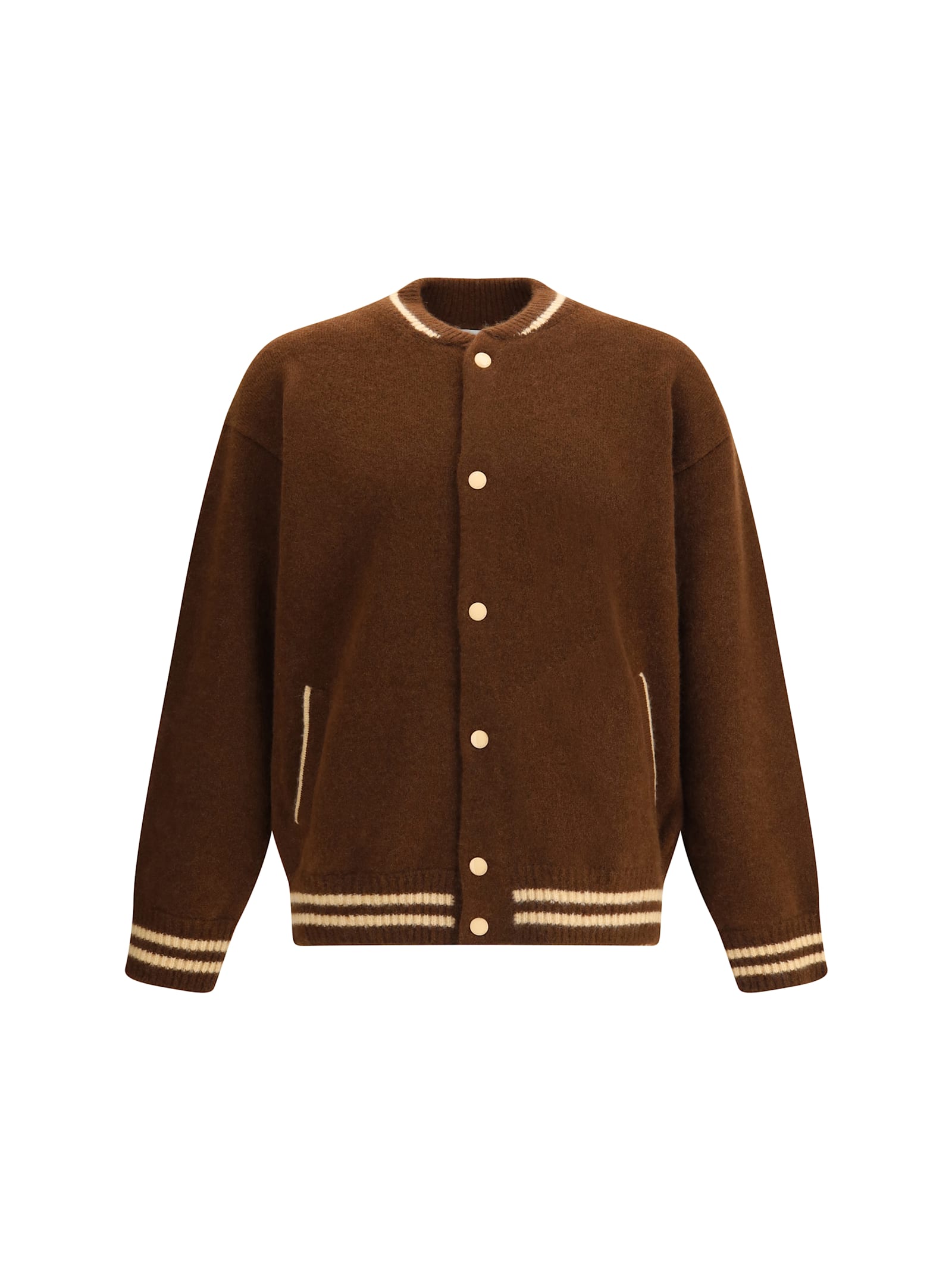 Laneus Knitted Baseball-stripe Bomber Jacket In Brown
