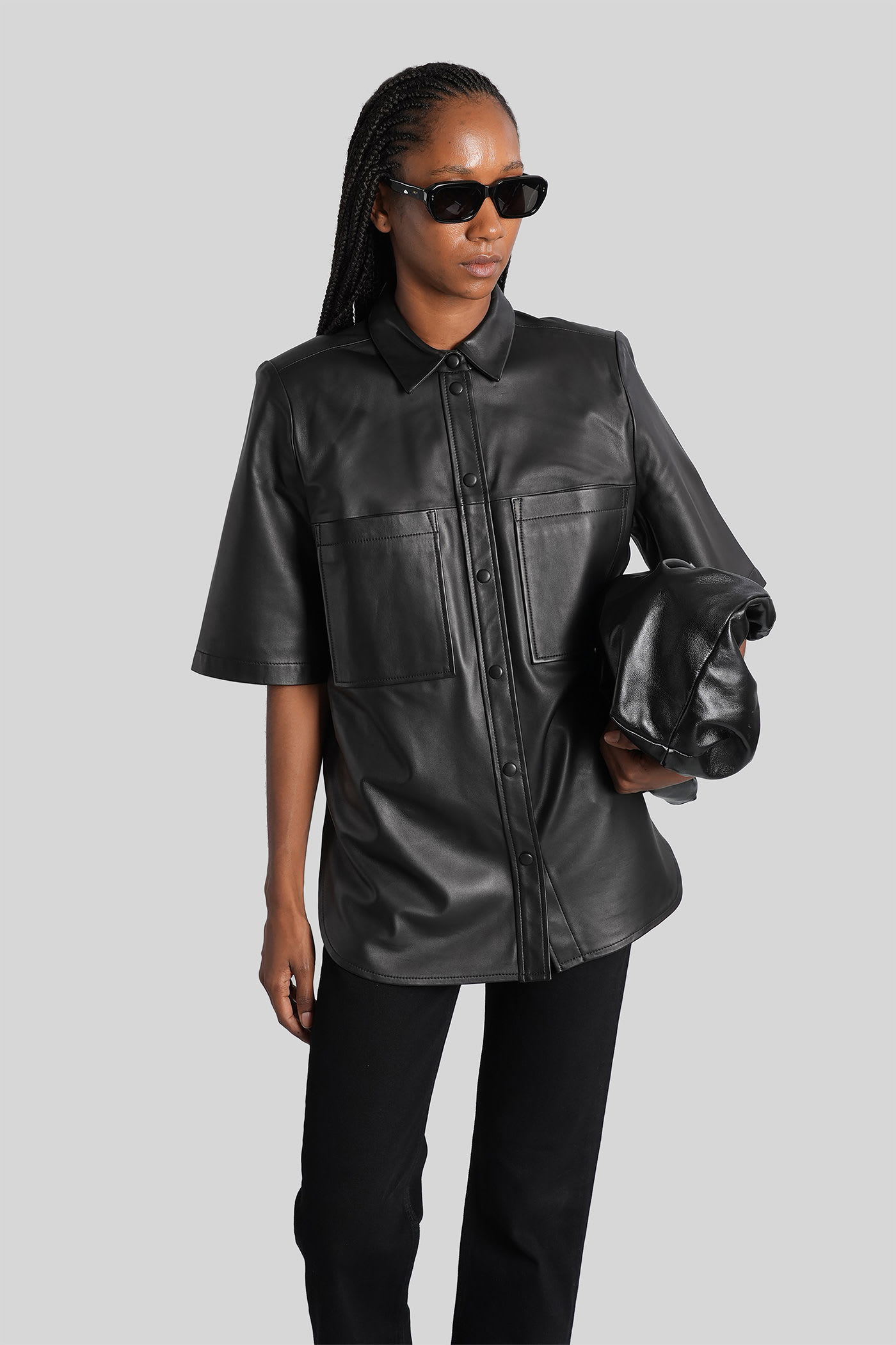Iro Leather Short-sleeve Pocket Shirt In Black