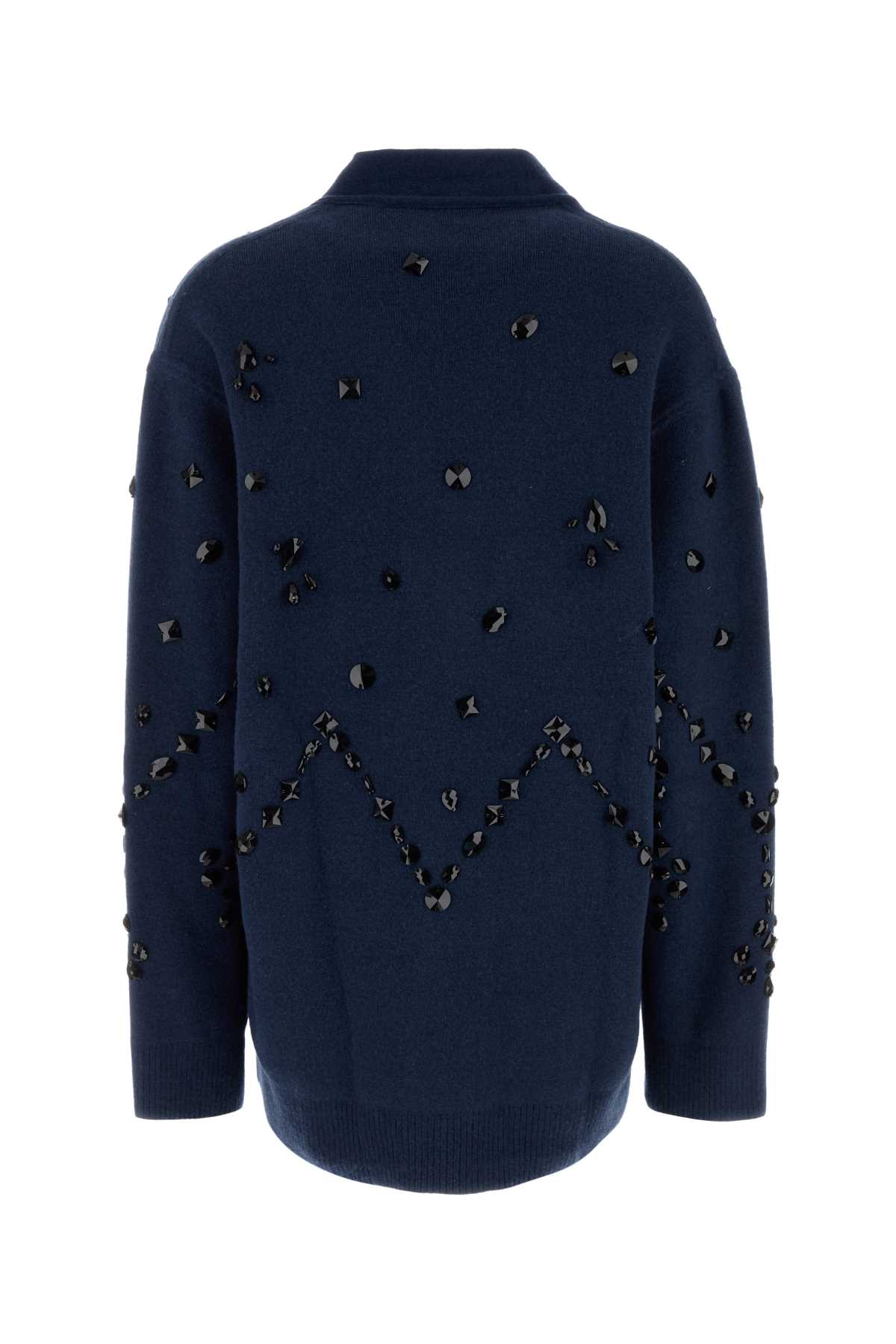 Alberta Ferretti V-neck Cashmere And Silk Blend Cardigan With Crystal Embroidery In Blue