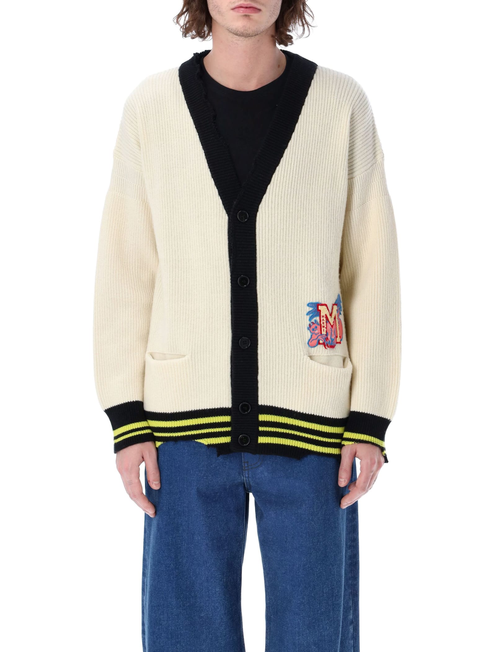 Marni Off-white Distressed Patch Cardigan In White