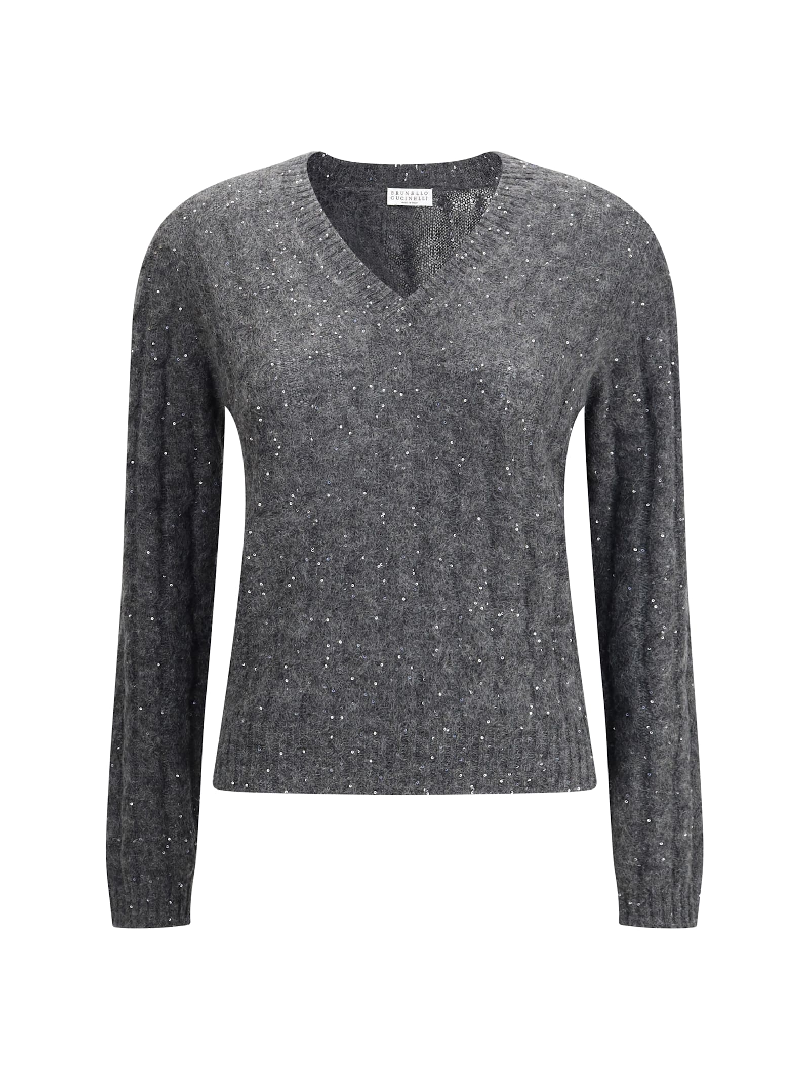 Brunello Cucinelli Textured Ribbed V-neck Sweater With Sparkling Details In Gray