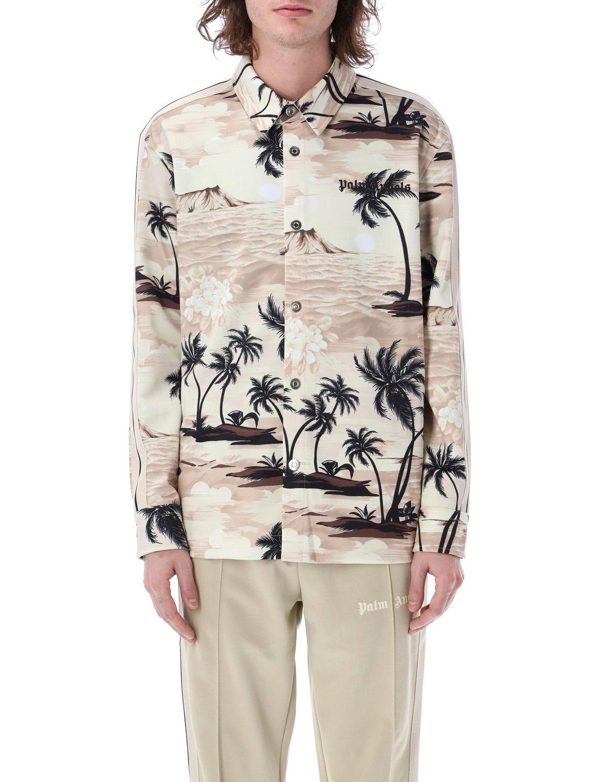 Shop Palm Angels Hawaiian Printed Long-sleeved Shirt In Neutrals