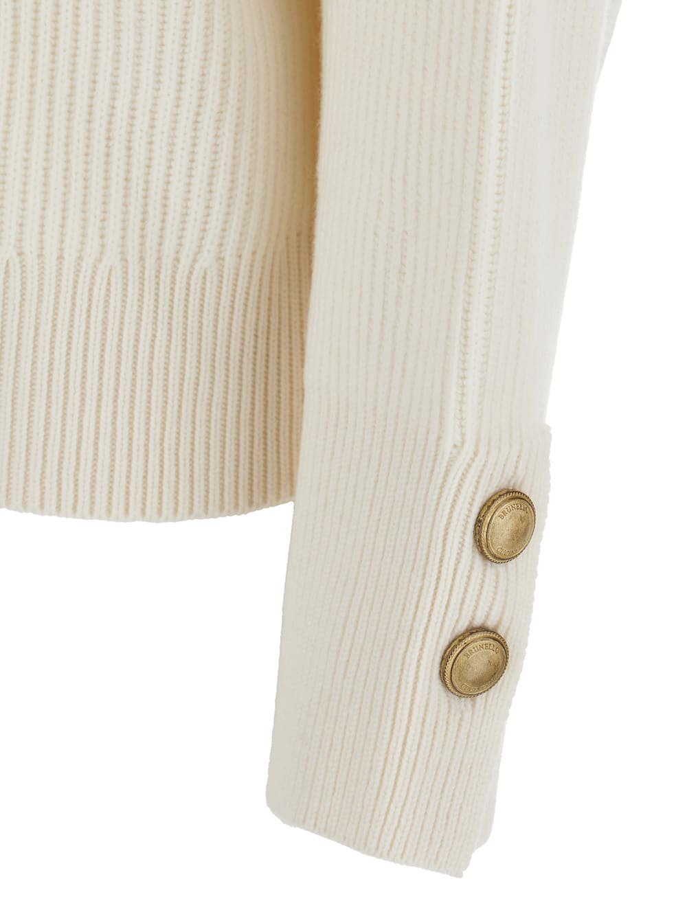 Brunello Cucinelli White Ribbed Knit Sweater With V Neck In Wool And Cashmere Blend Woman In White