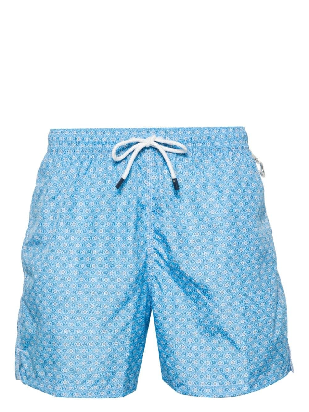 Shop Fedeli Light Blue Swim Shorts With Elephants And Flowers Pattern
