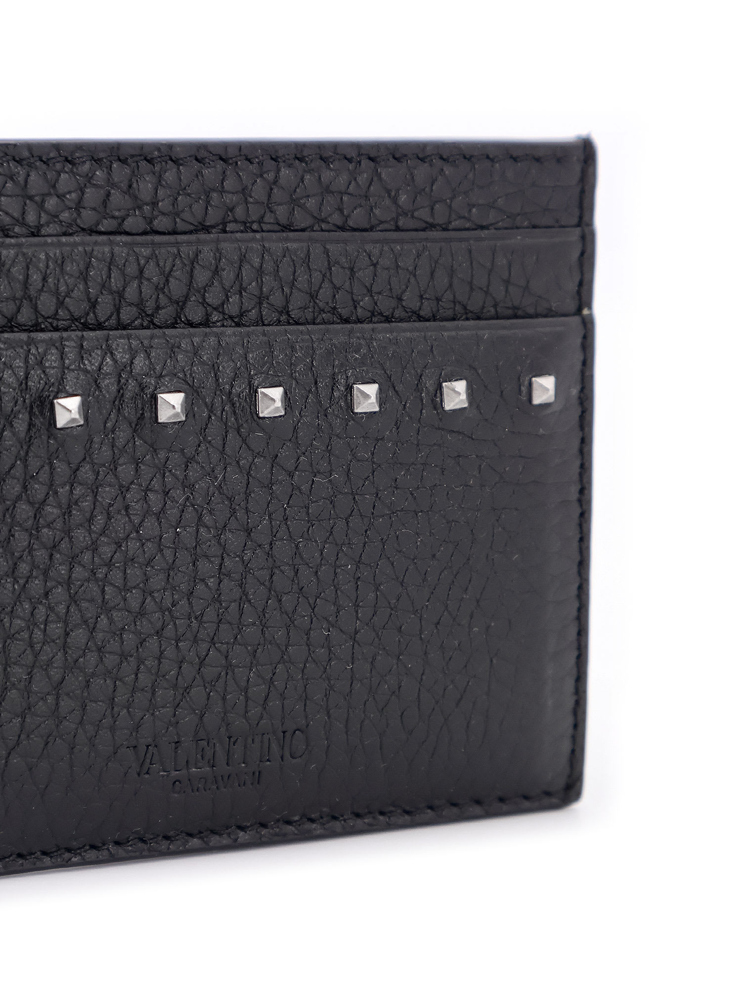 Valentino Garavani Leather Card Holder With Textured Finish And Studded Design In Black
