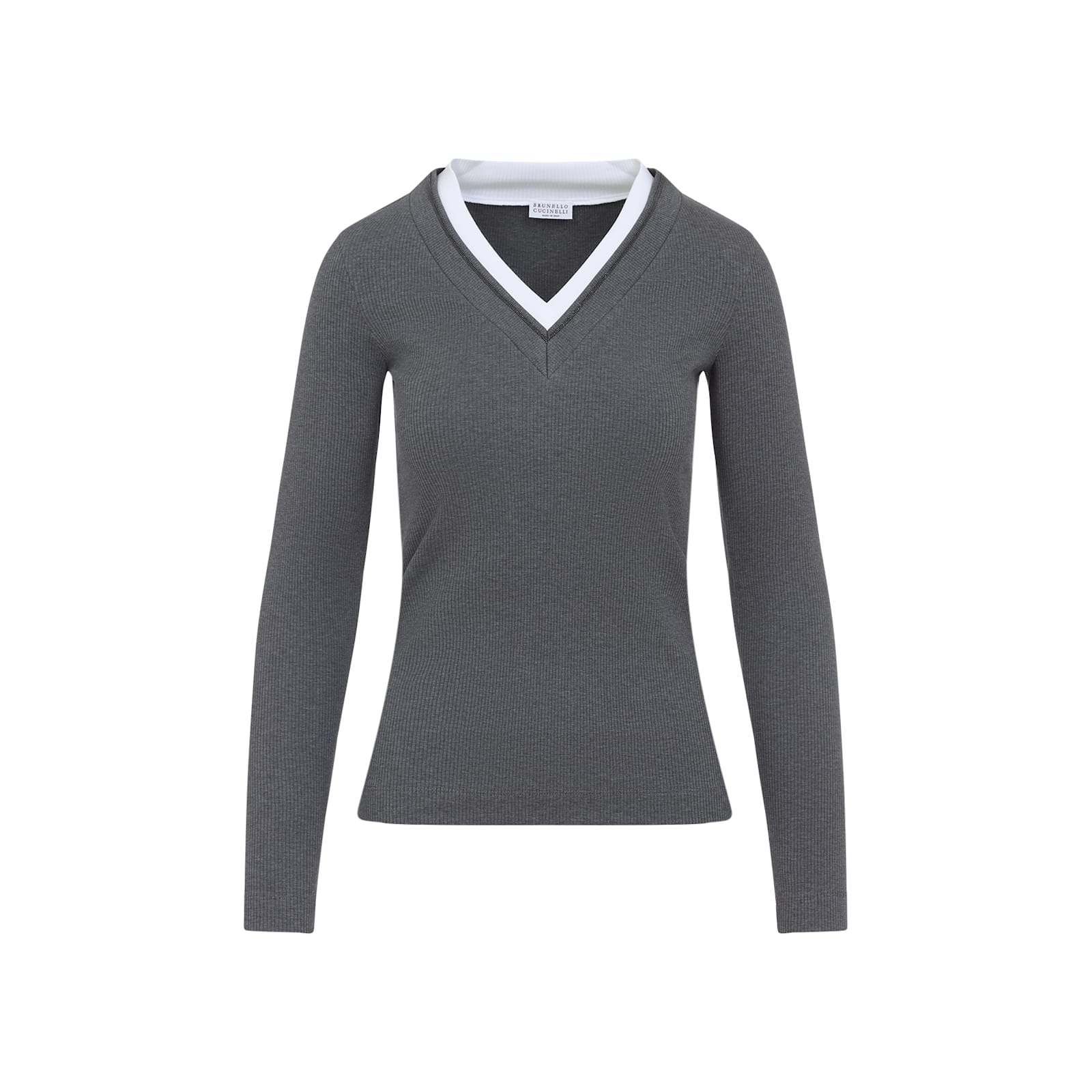 Brunello Cucinelli Ribbed Long Sleeves Top With Contrast Trim