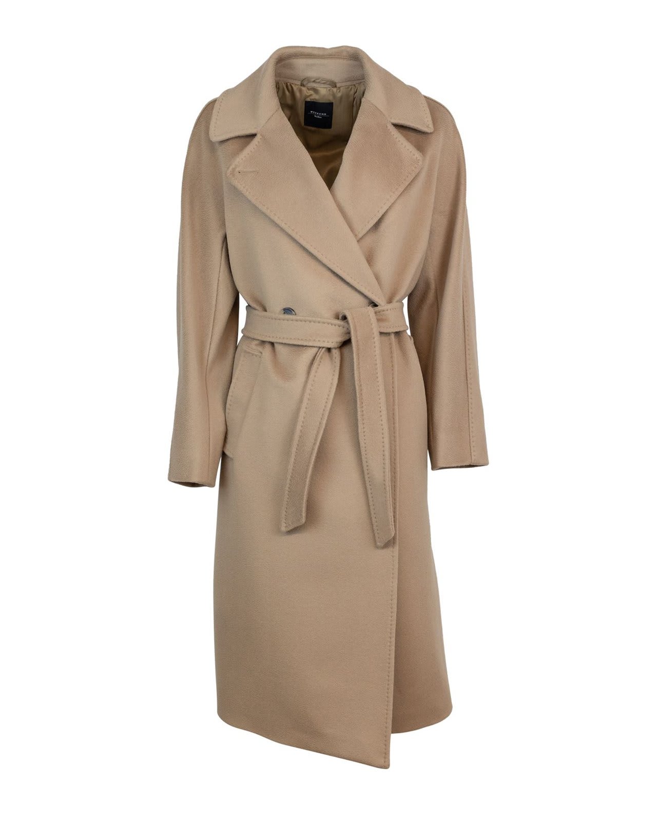 Shop Weekend Max Mara Belted Long-sleeved Coat In Caramello Cammello