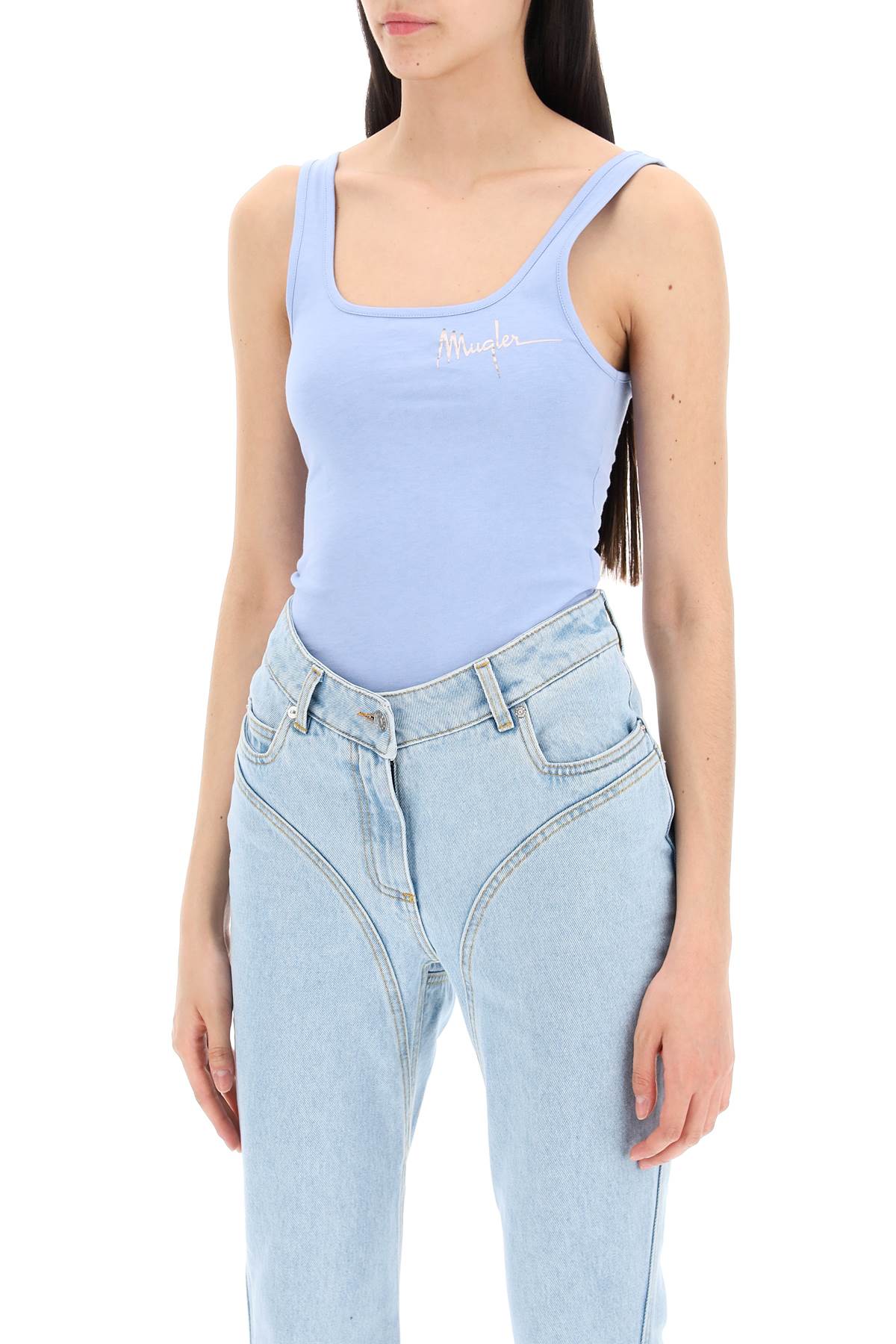 Shop Mugler Tank Top Body With Signature Logo Print In Silver Blue (light Blue)