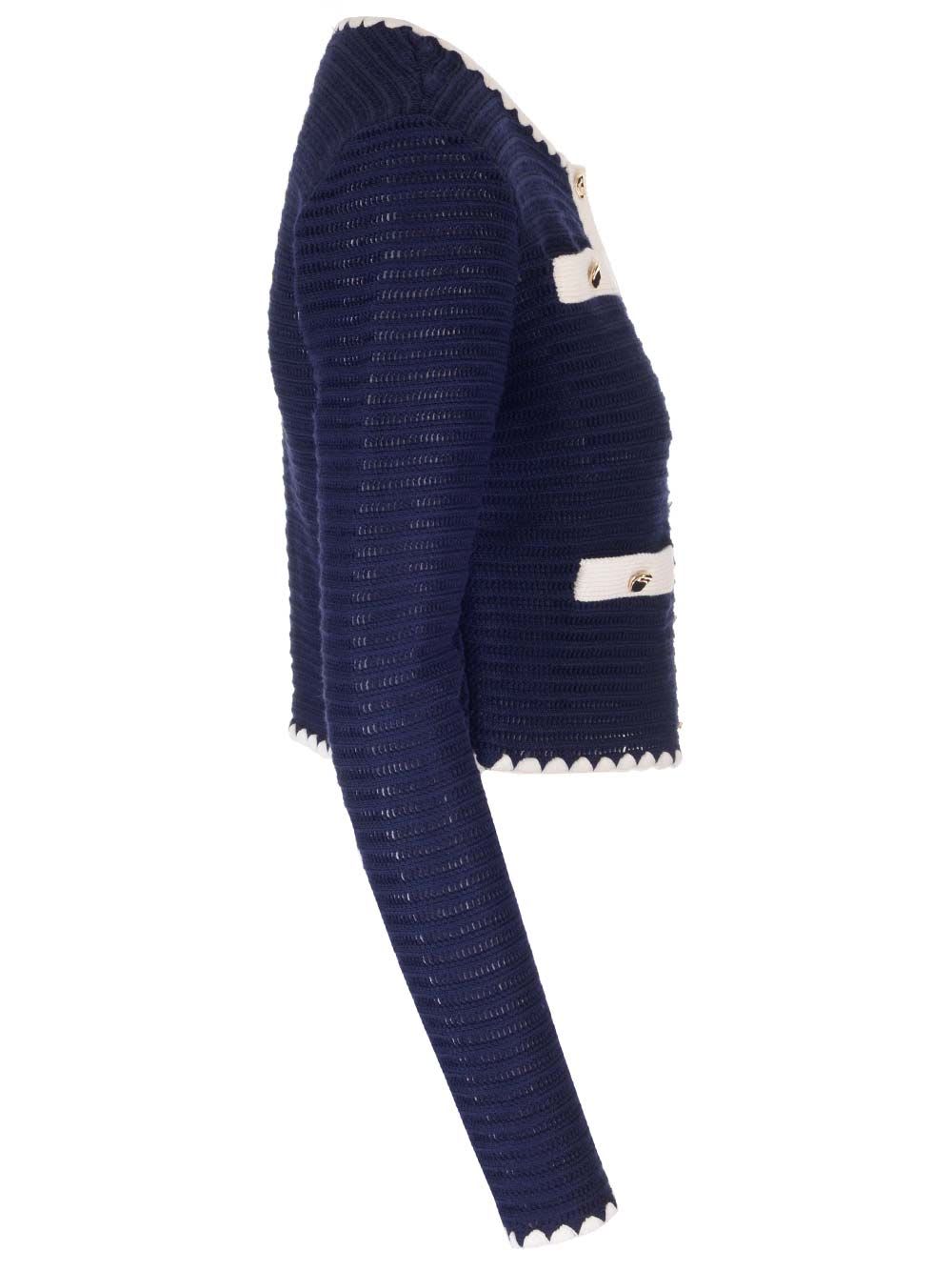 Shop Self-portrait Dark Blue Crochet Cardigan In Navy