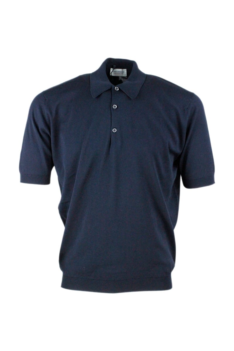 Shop John Smedley Short-sleeved Polo Shirt In Extra-fine Cotton Thread With Three Buttons In Blu