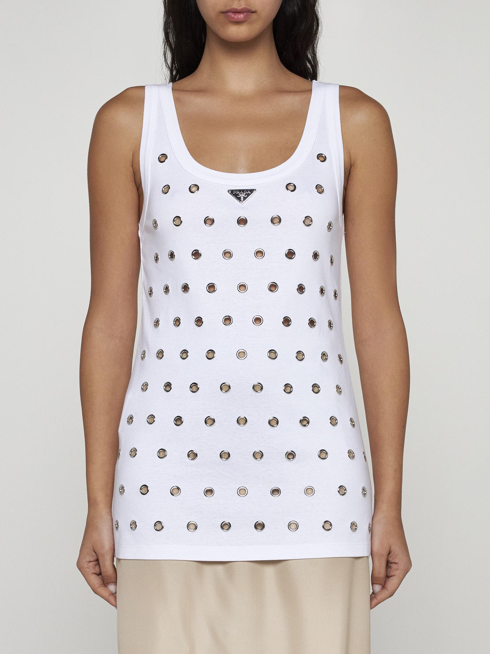 Shop Prada Cut-outs And Studs Cotton Top In White