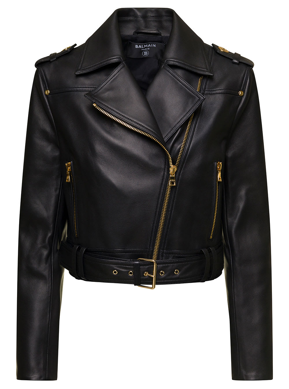 BALMAIN BLACK CROPPED BELTED LEATHER BIKER JACKET IN FAUX LEATHER WOMAN