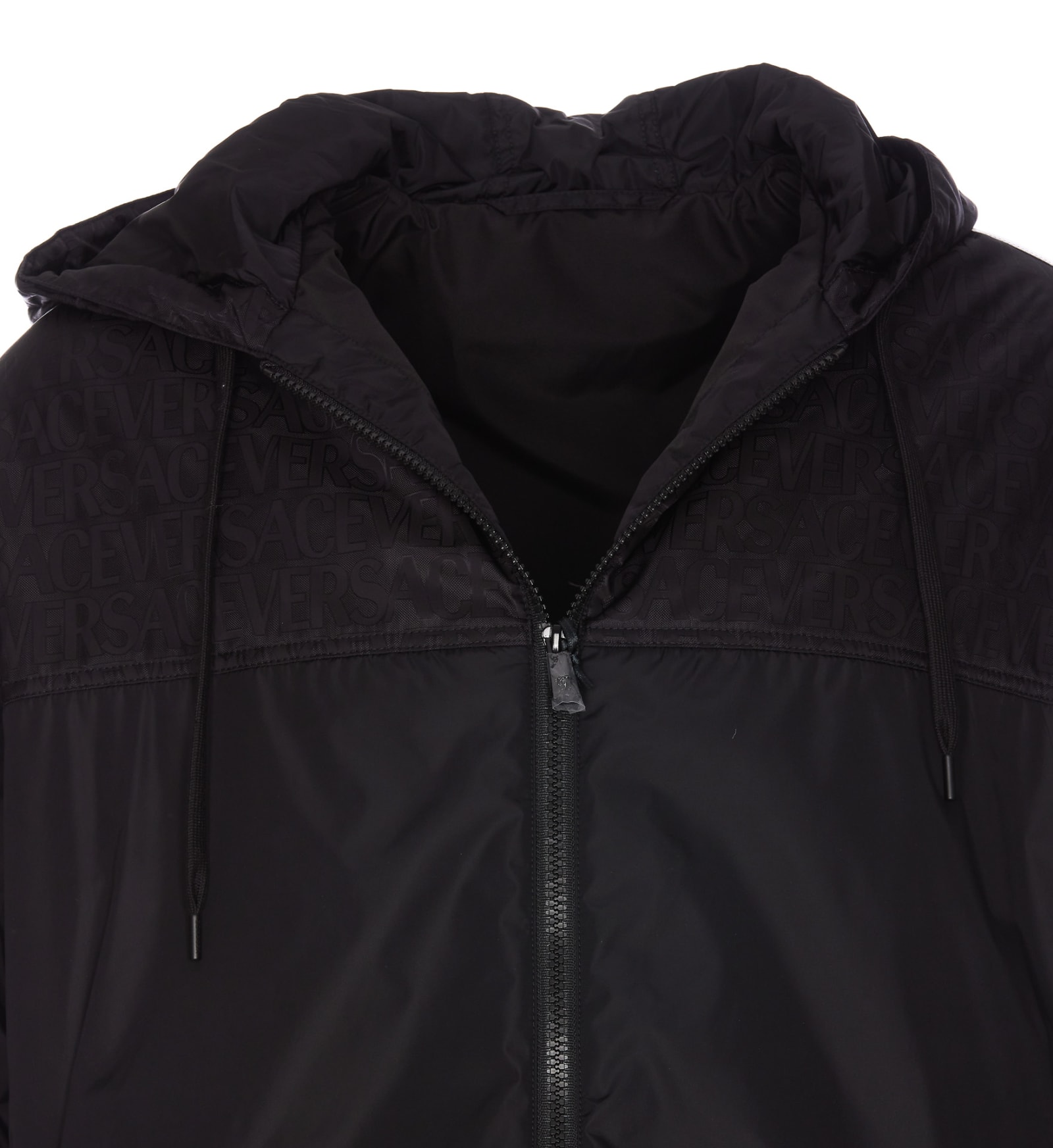 Shop Versace Allover Greca Puffer Jacket In Black