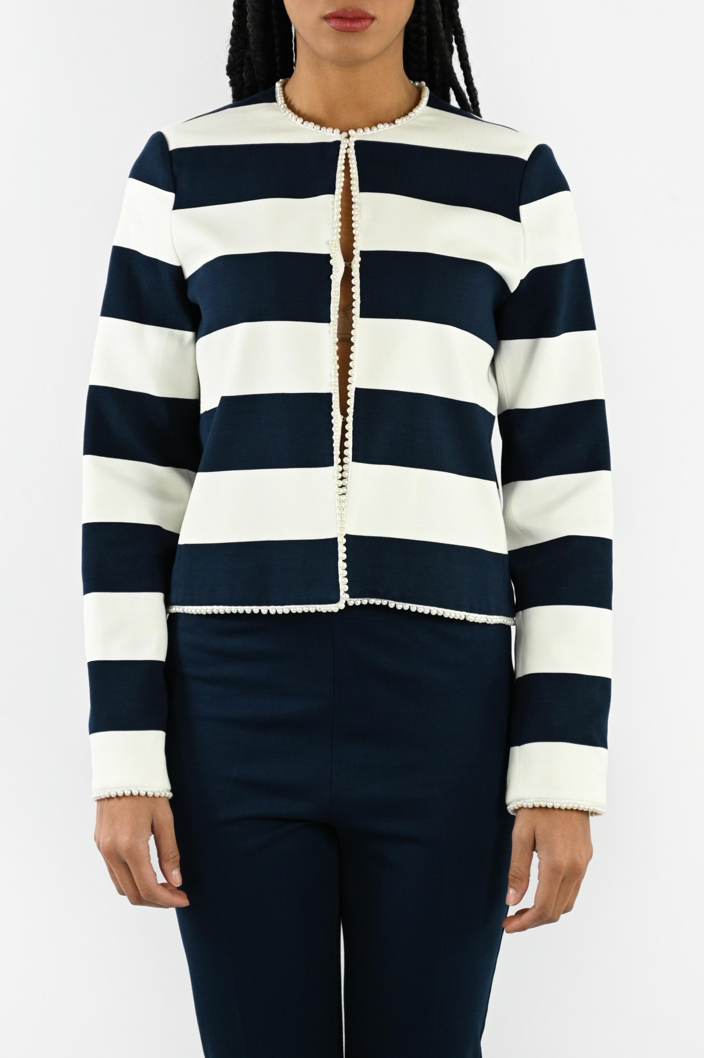 Shop Twinset Striped Jacket With Pearls In Blue
