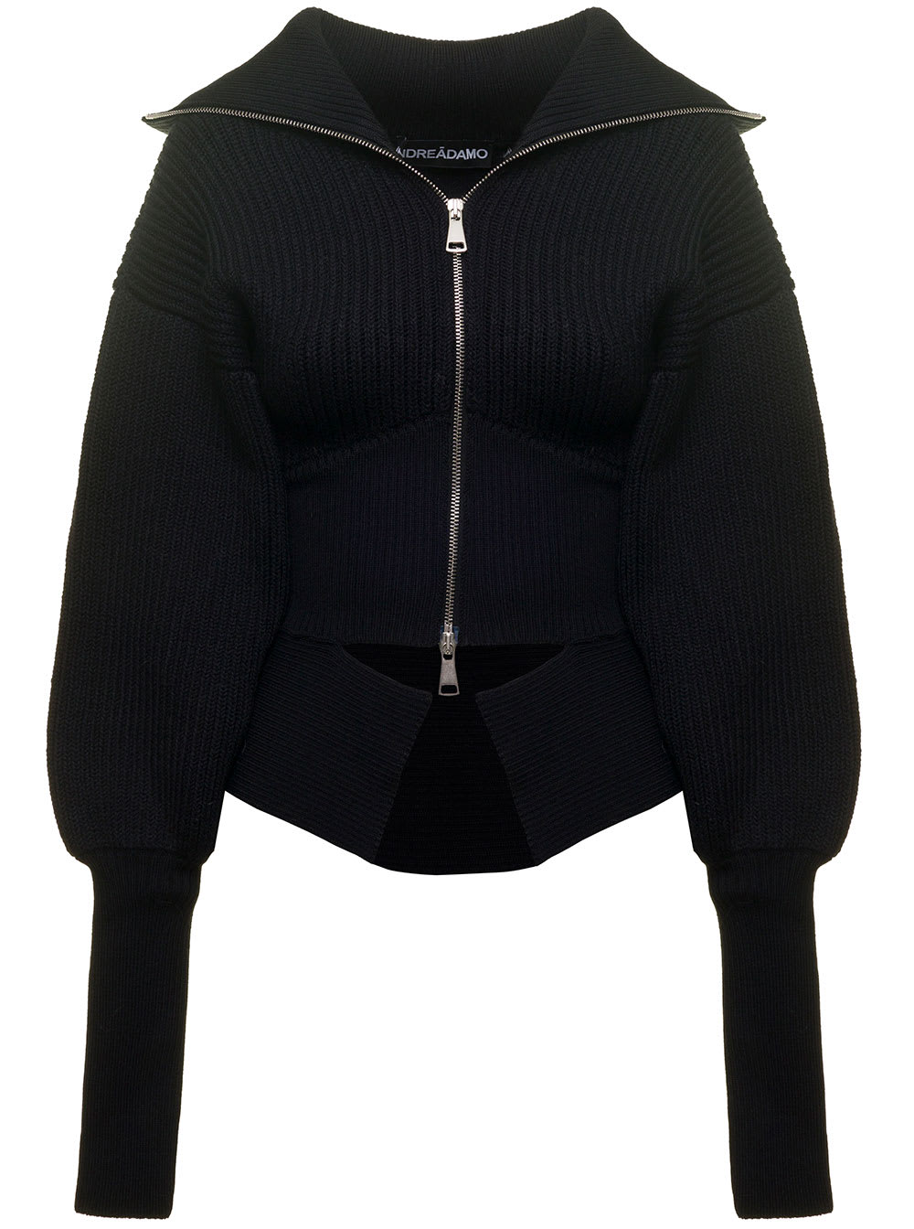 ANDREADAMO Black Sweater With Zip In Ribbed Wool Woman Andrea Adamo