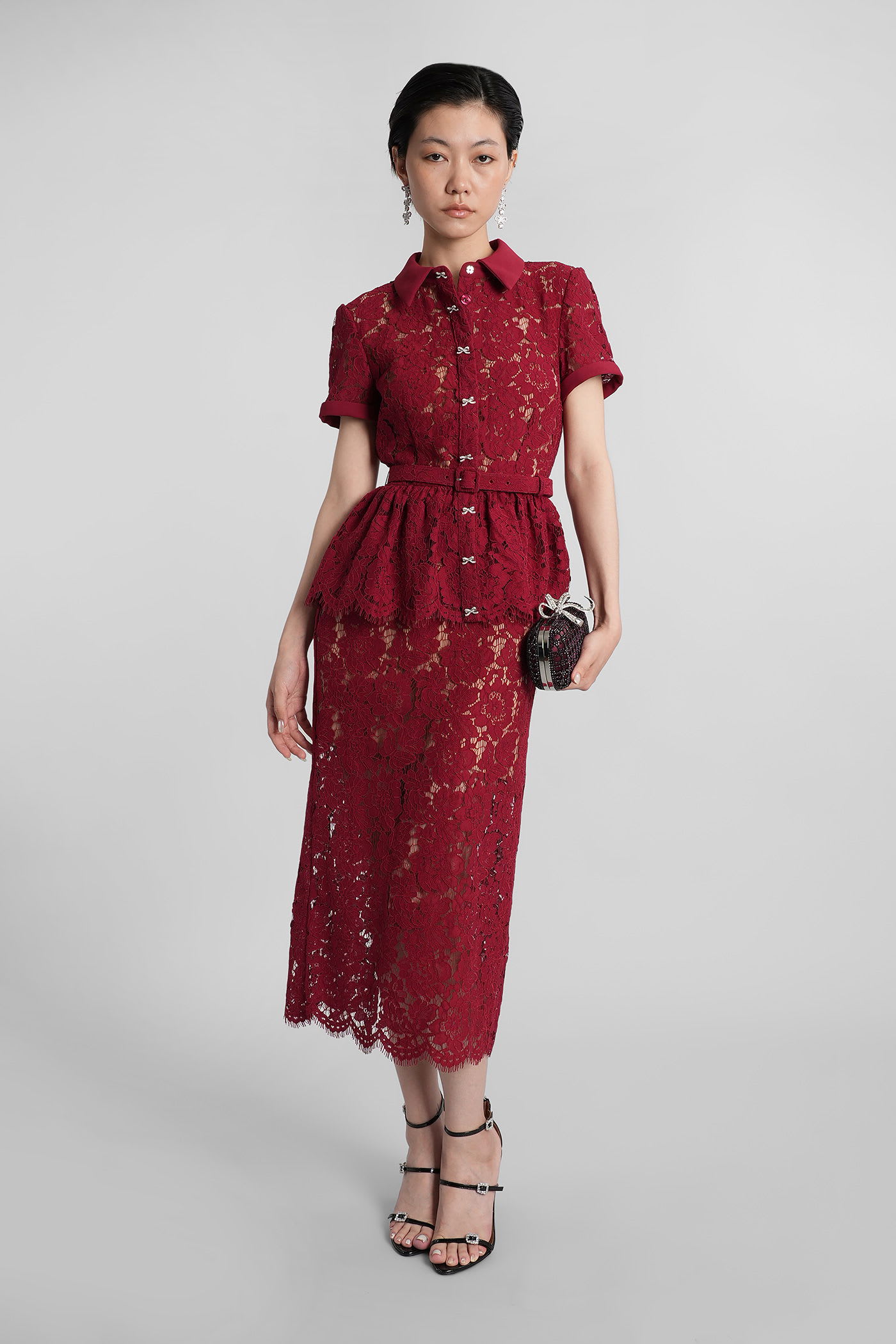 Self-portrait Bordeaux Lace Peplum Midi Dress In Burgundy