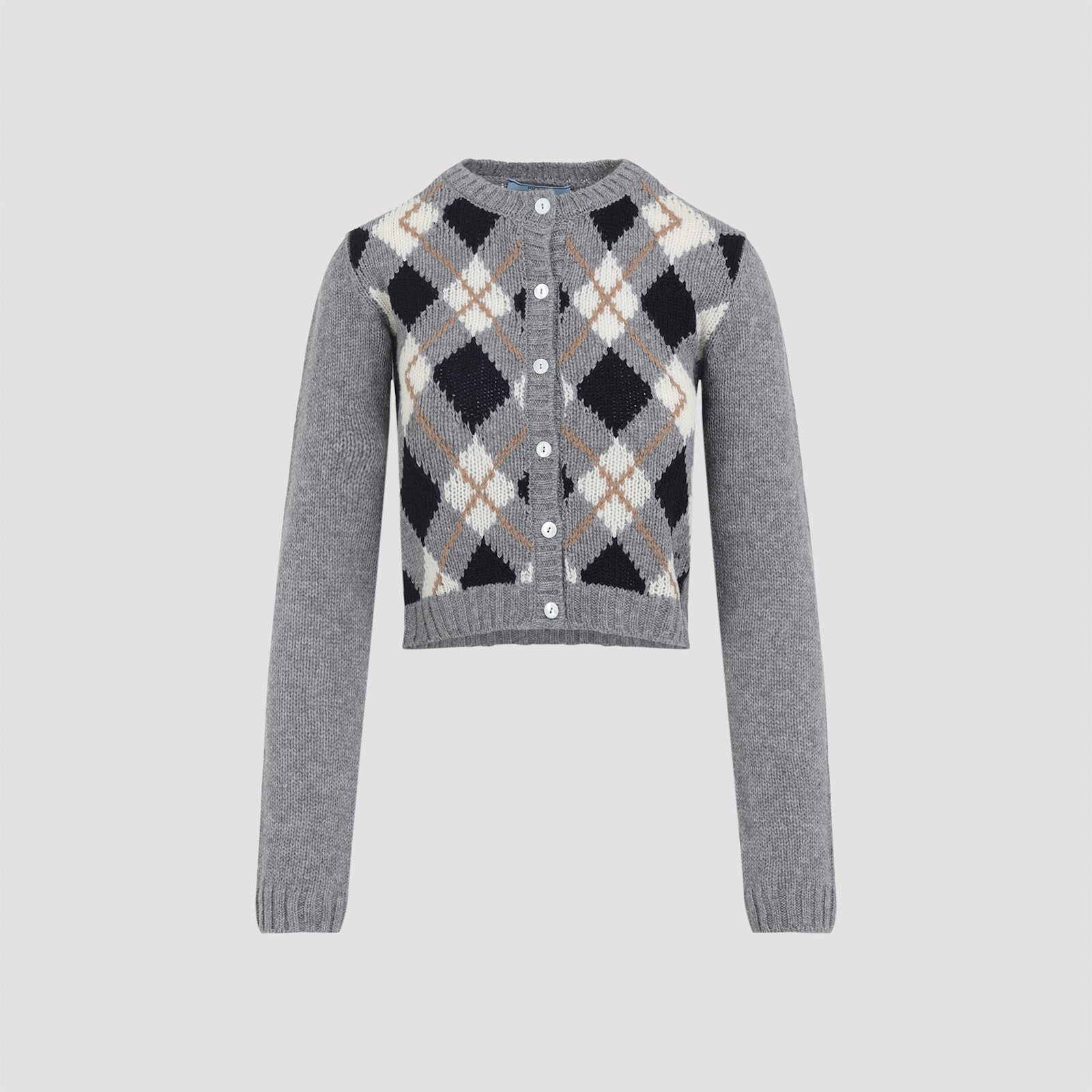 Prada Argyle Pattern Long Sleeve Knitwear Cardigan In Gray