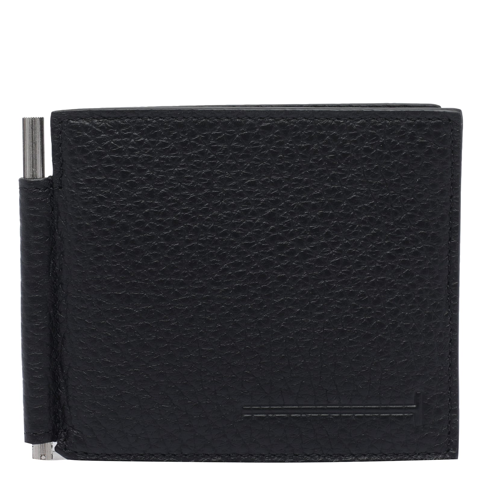 Tom Ford Black Bi-fold Wallet With T Detail On The Front And Embossed Logo On The Rear In Grained Leather Man In Black