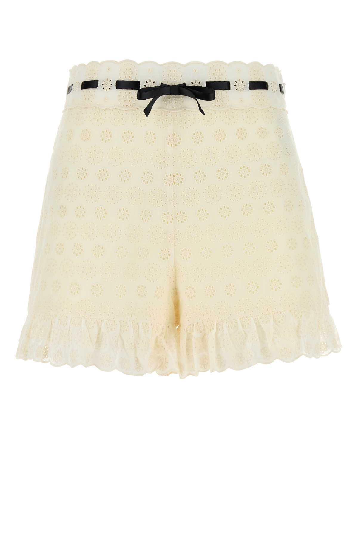 Valentino Lace Shorts With Bow And Scalloped Hem In Neutral