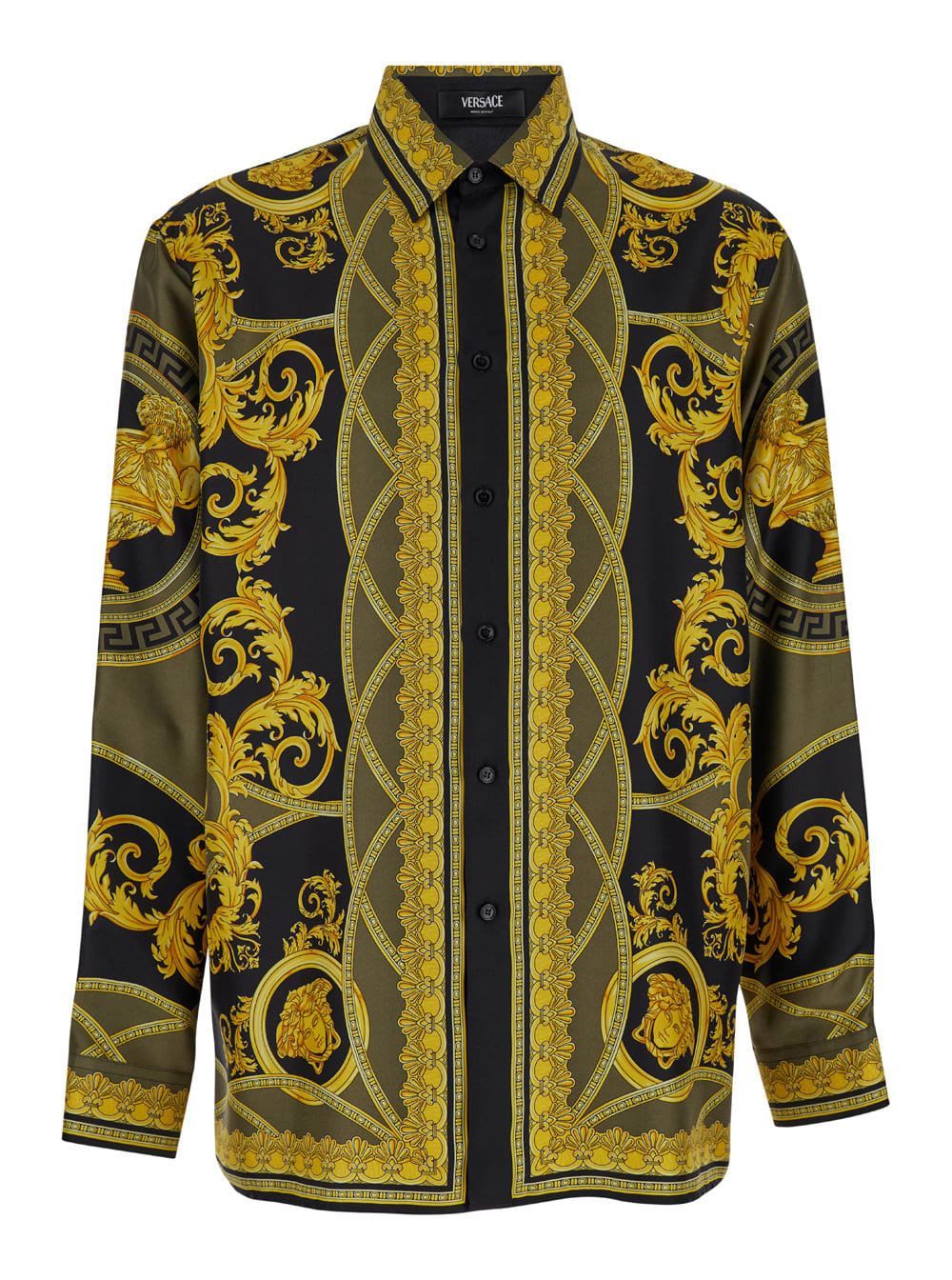 Black And Yellow Shirt With Barocco Print In Silk Man