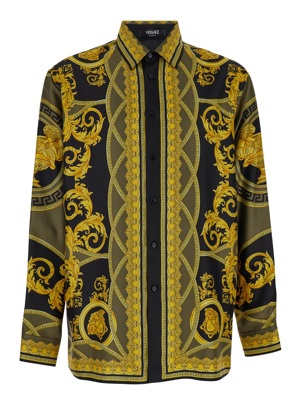 Shop Versace Black And Yellow Shirt With Barocco Print In Silk Man In Multicolor