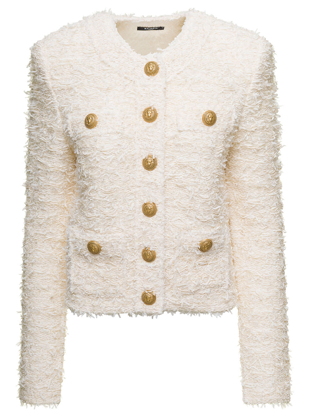 Balmain White Tweed Blazer With Golden Buttons In Cotton Blend Woman