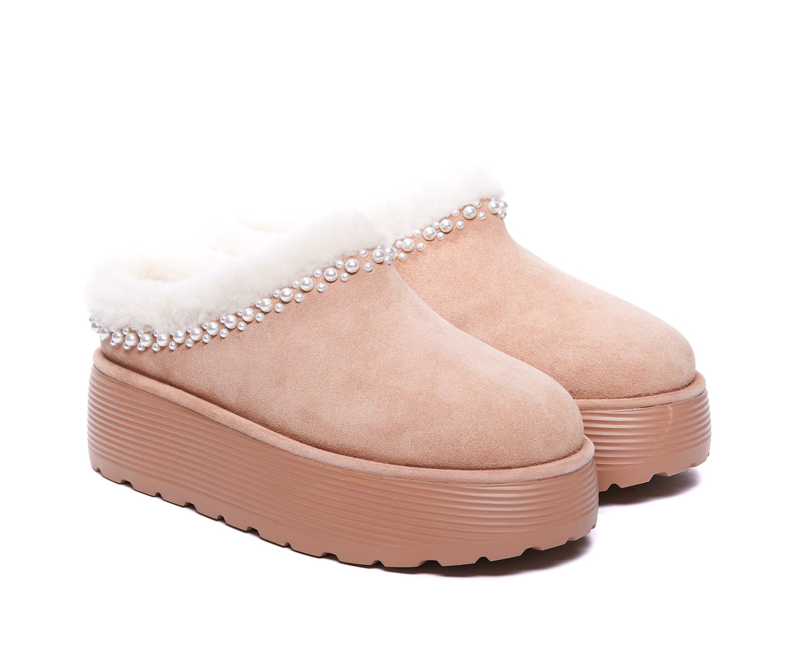 Stuart Weitzman Nellie Pearl Flatform Mules In Beige