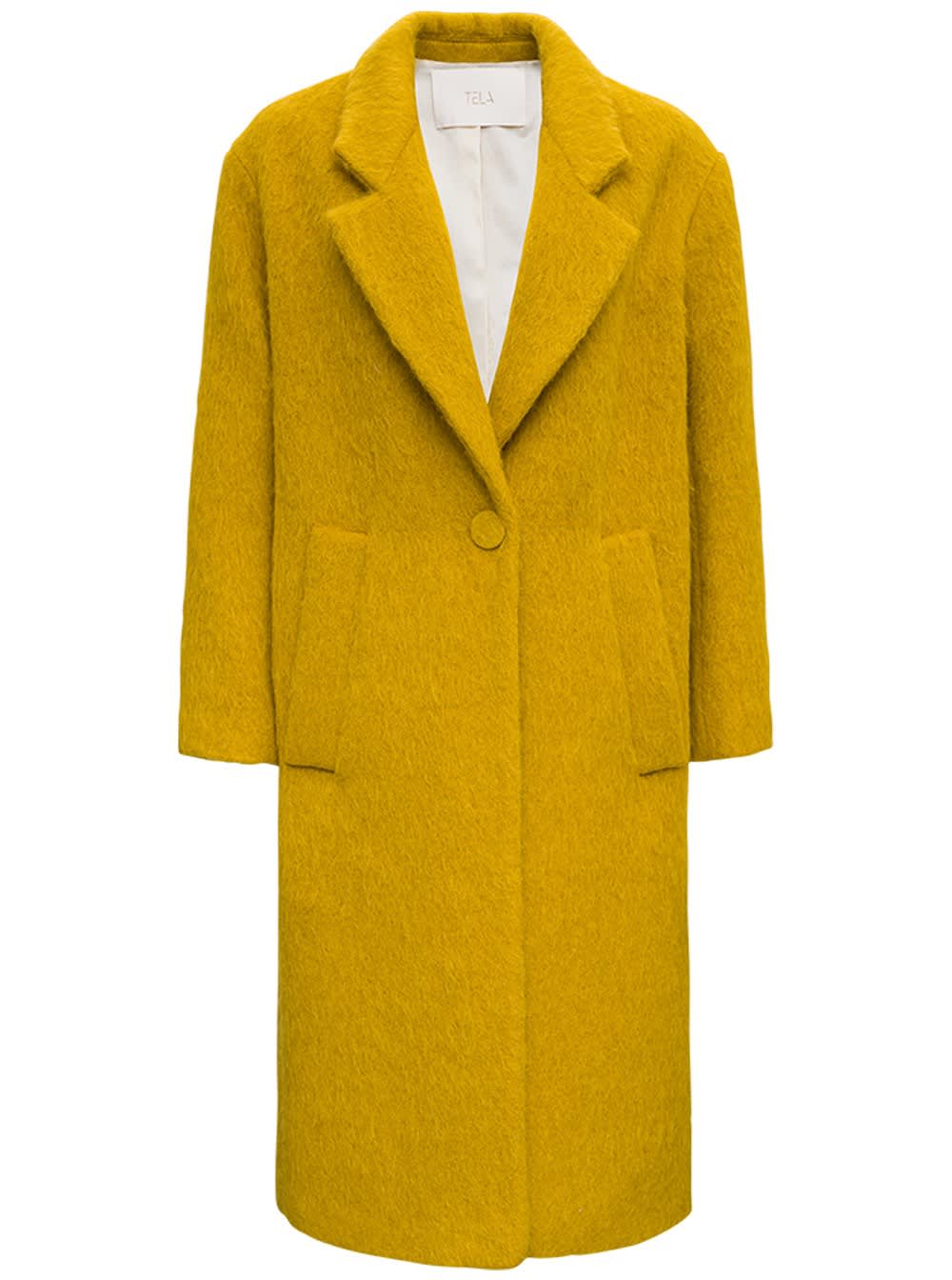 Tela Glam Long Coat In Ocher Colored Wool Blend