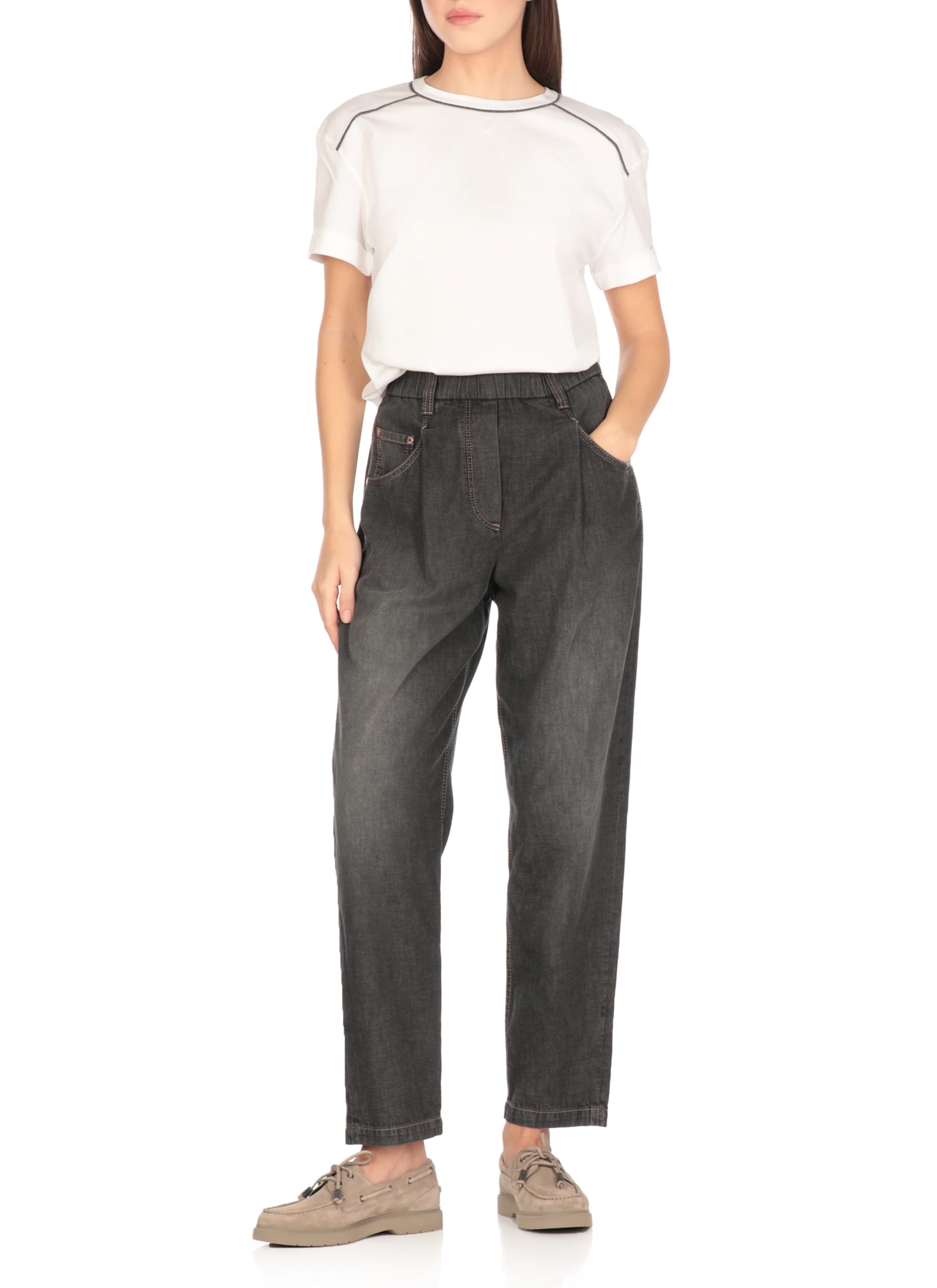 Brunello Cucinelli High-waisted Grey Jeans With Jewel Detailing In Grey