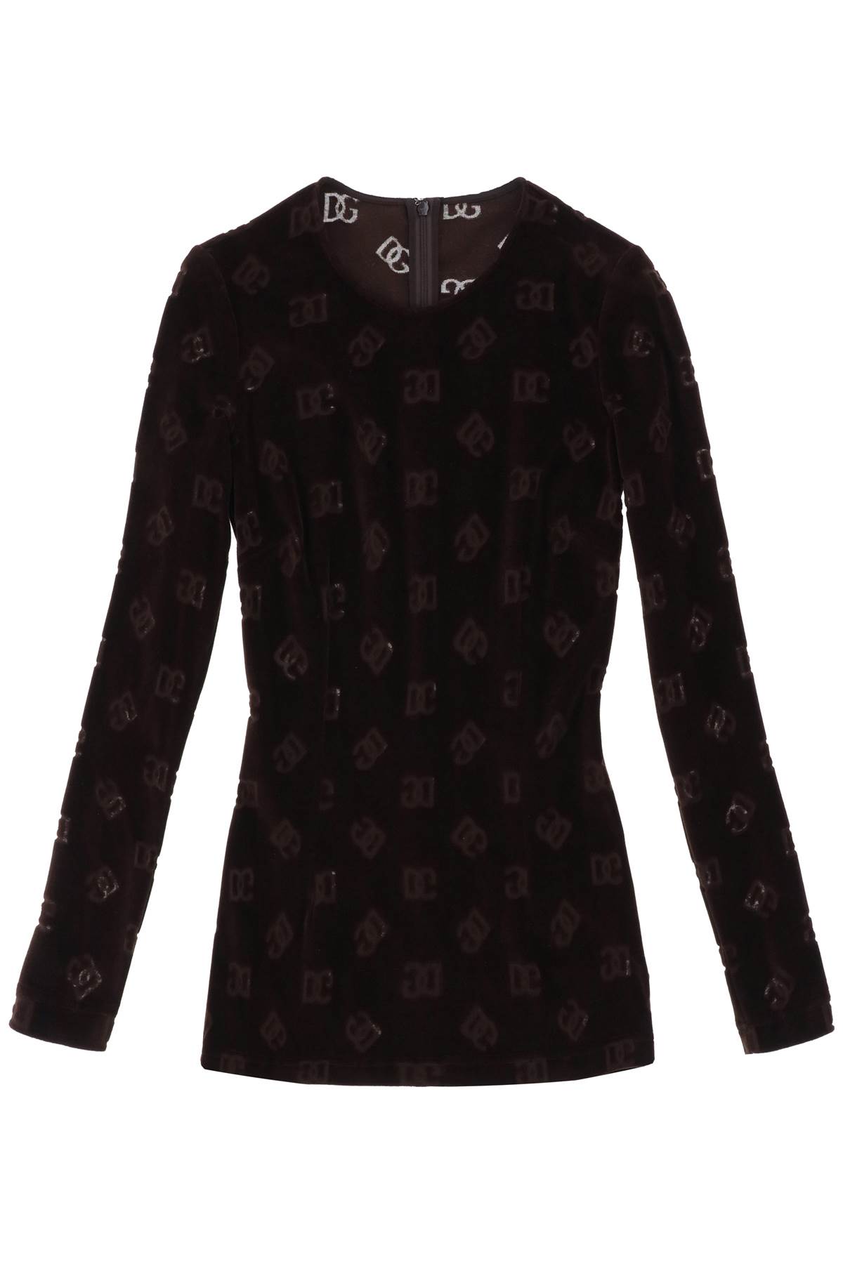 Shop Dolce & Gabbana Long-sleeved Top In Monogram Chenille In Marrone Scuro 3 (brown)