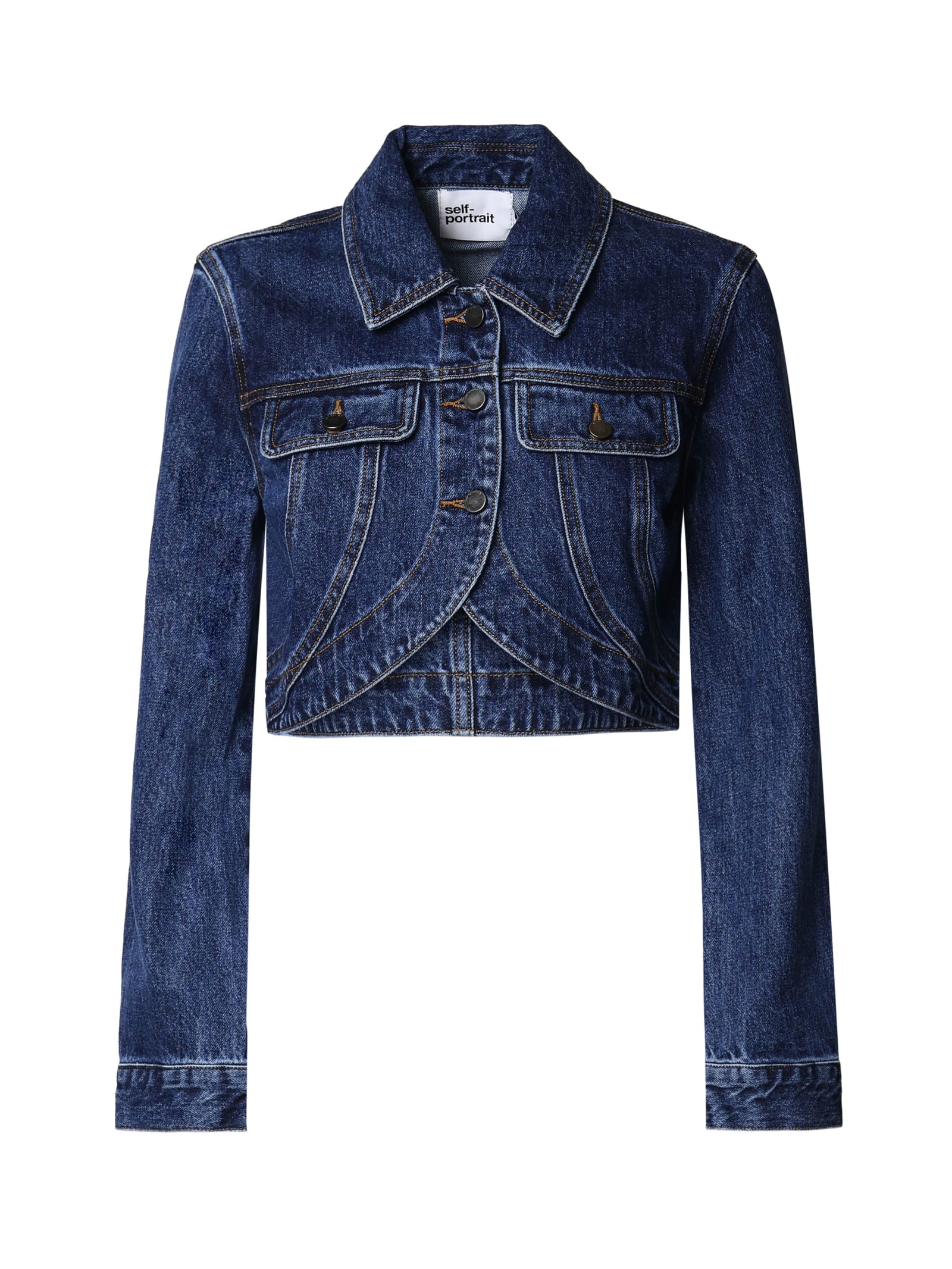 Shop Self-portrait Cropped Denim Jacket In Blue