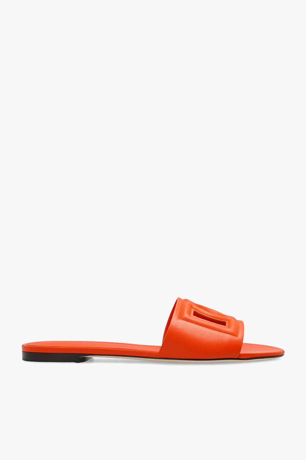 Dolce & Gabbana Slide Sandals In Orange Leather With Logo