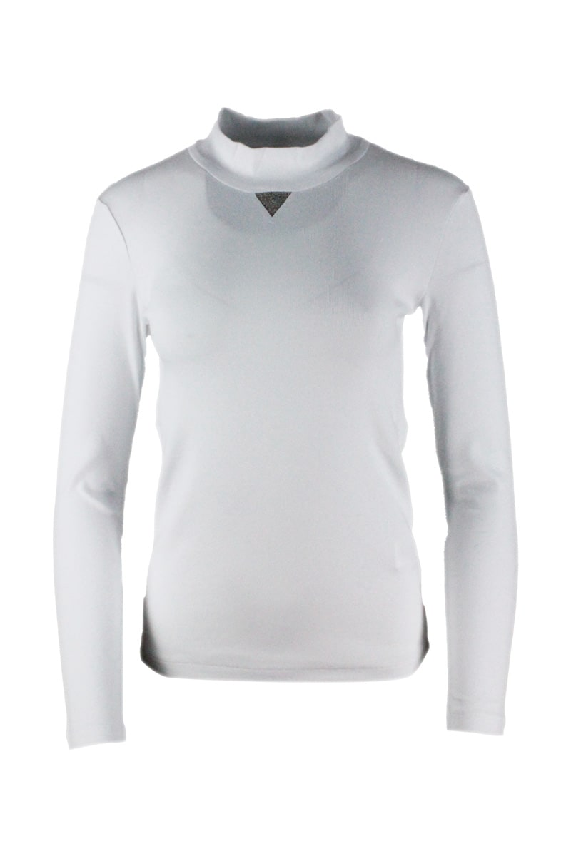 Fabiana Filippi Long-sleeved Mock-neck T-shirt In Ribbed Cotton Jersey With Triangle In Light Point On The Neck
