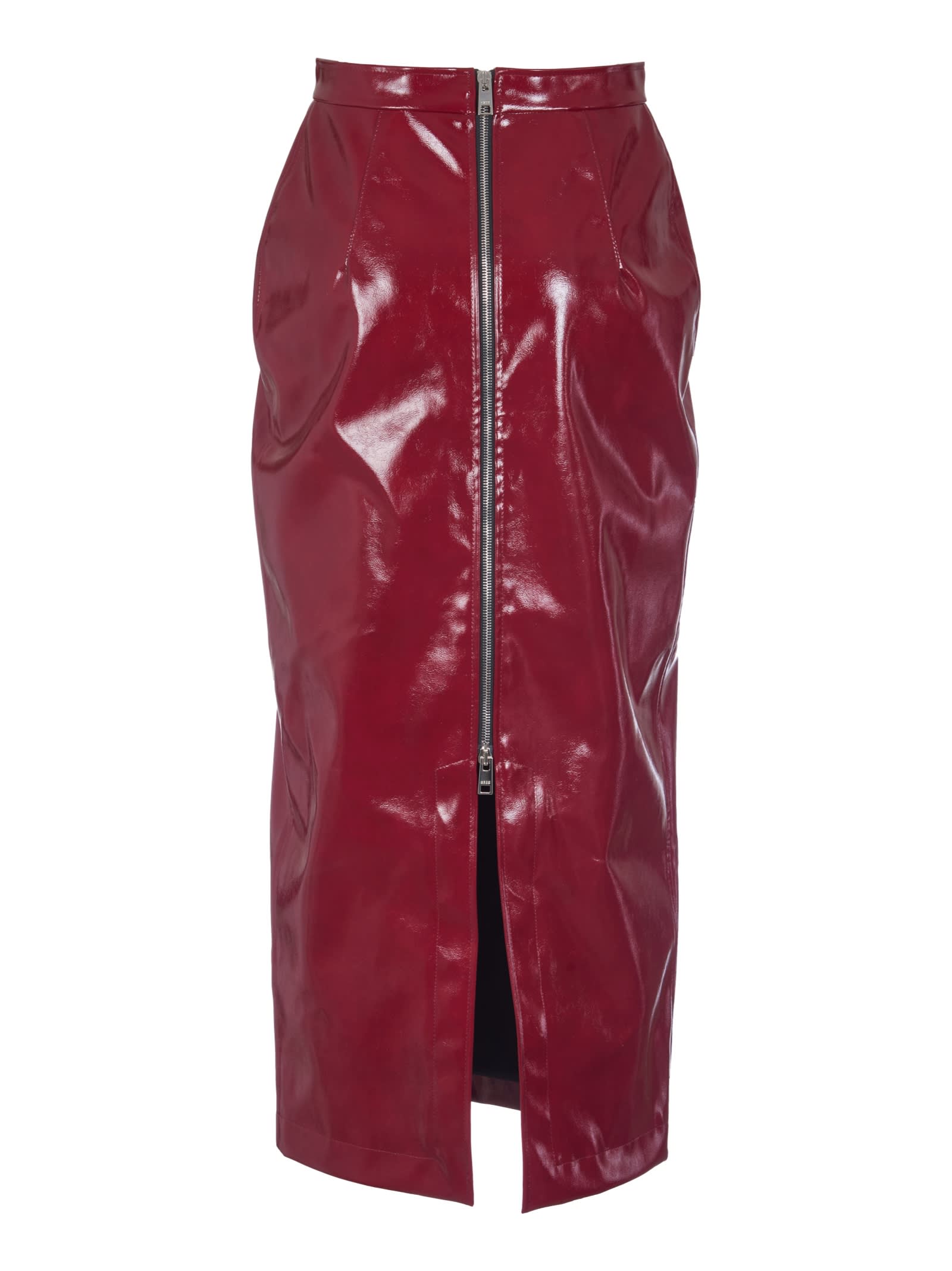 Shop Msgm Rear Slit Zipped Shiny Skirt In Bordeaux