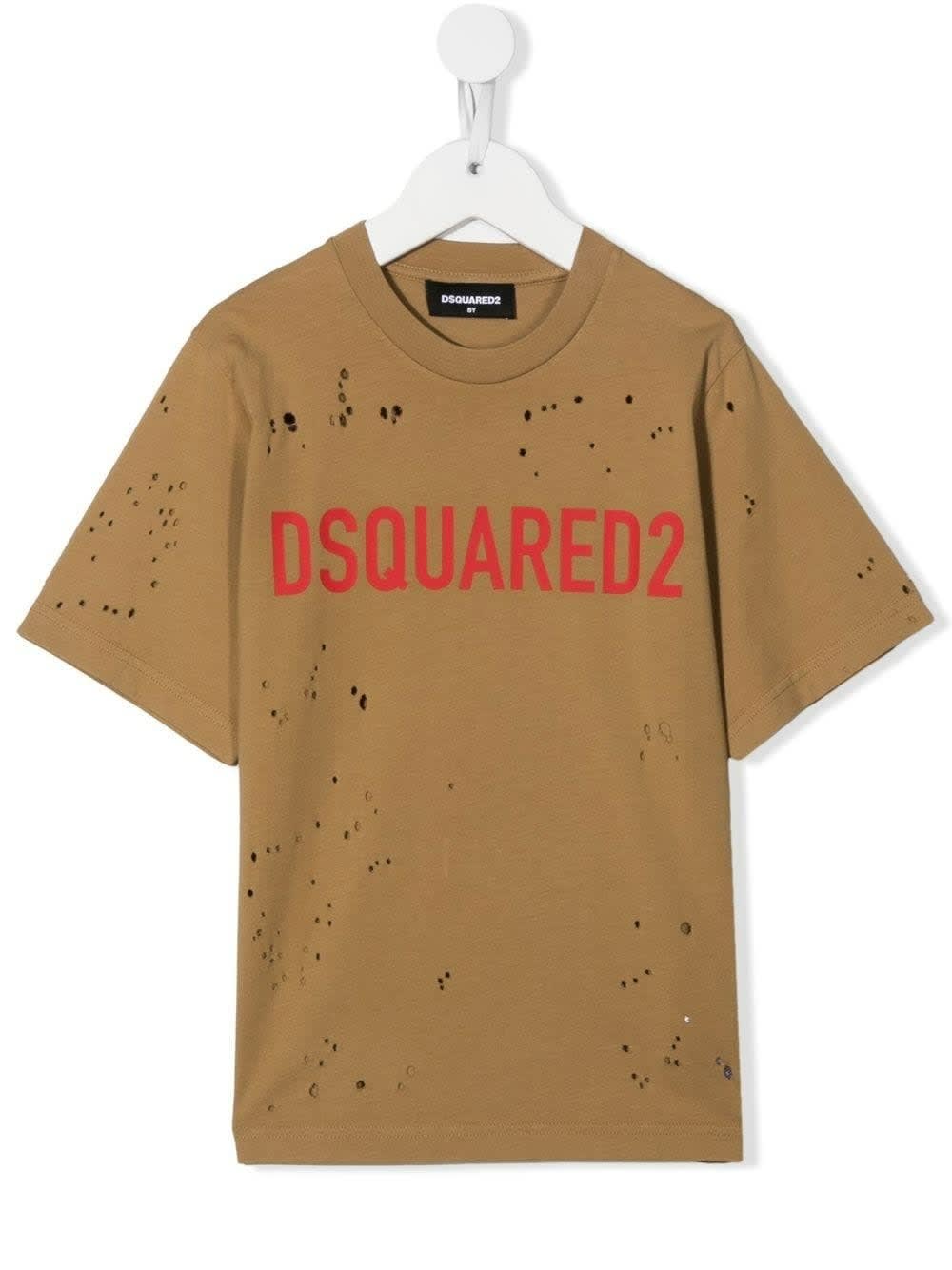 Dsquared2 Kids Camel T-shirt With Ruined Effect And Contrast Logo
